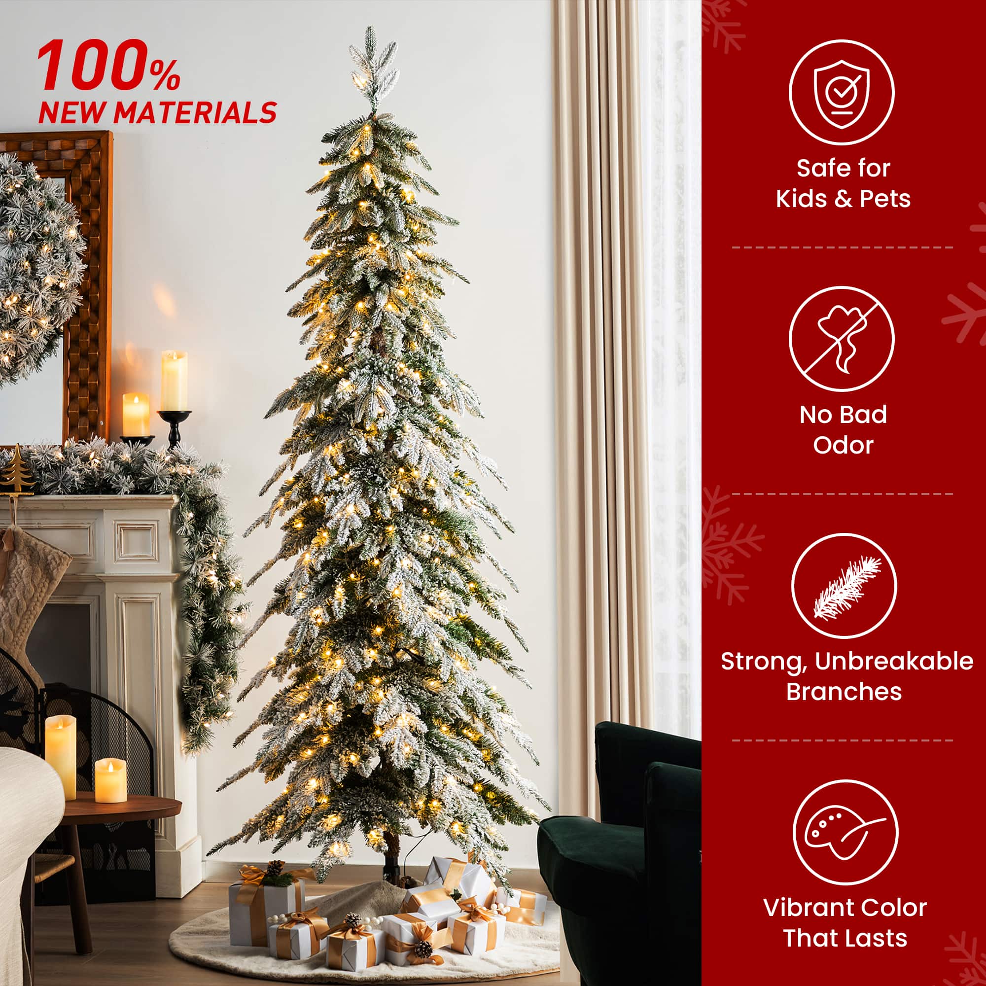 7.5ft. Pre-Lit Flocked Pencil Spruce Artificial Christmas Tree, Warm White LED Lights