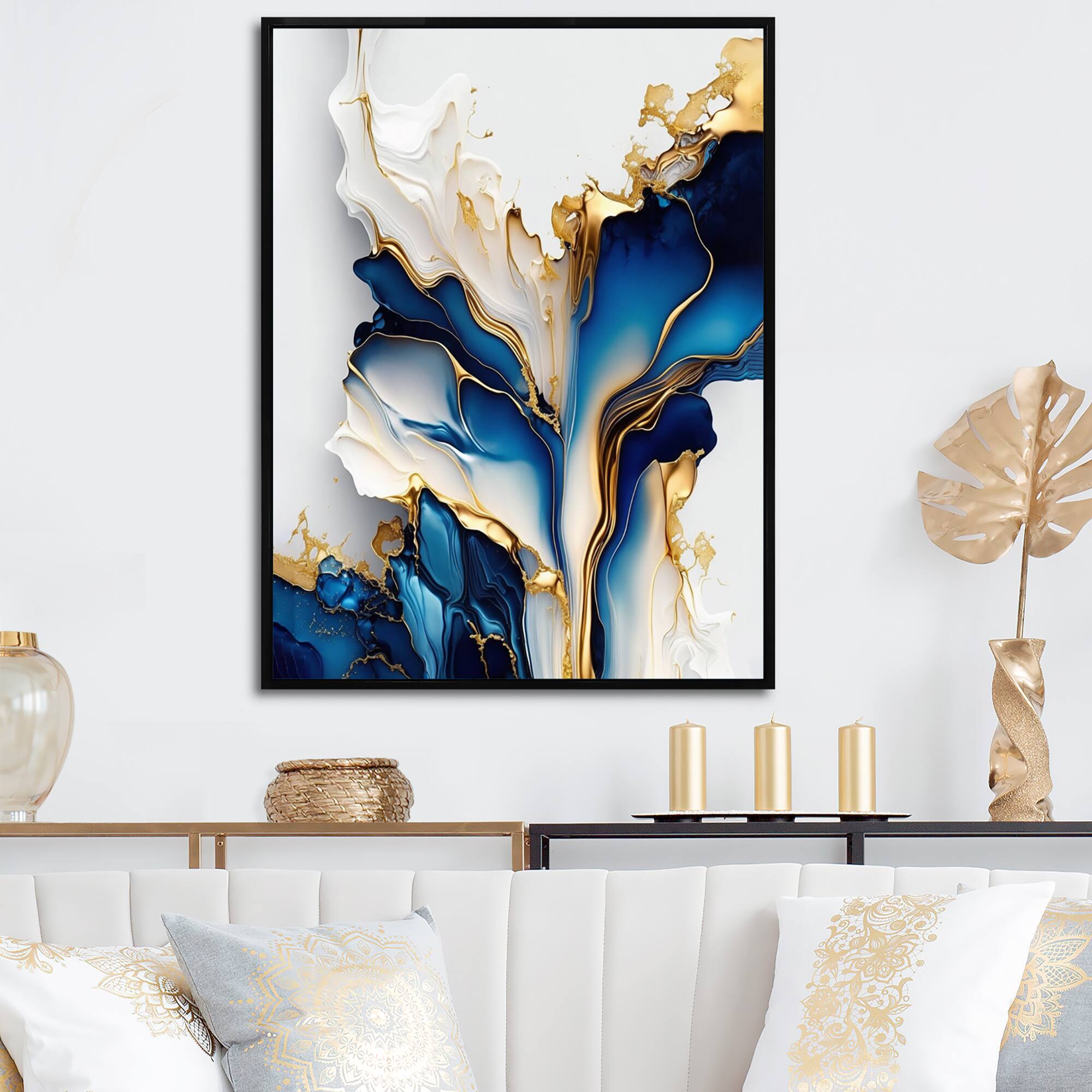 Designart 'Abstract Geode Gold And Blue Marble Shape III' Animals Framed Canvas Wall Art