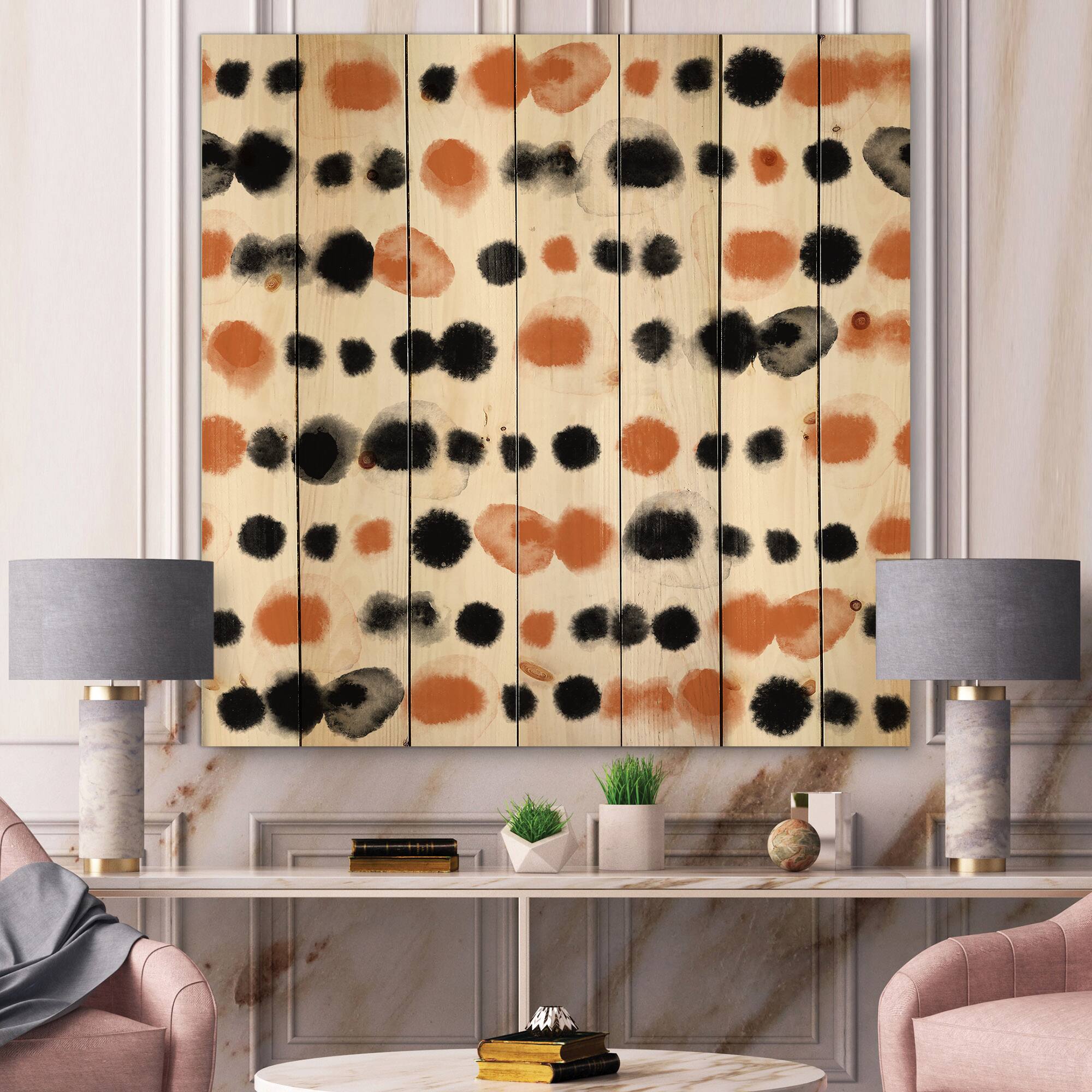 Designart - Black and Orange Polka Dots - Modern Print on Natural Pine Wood