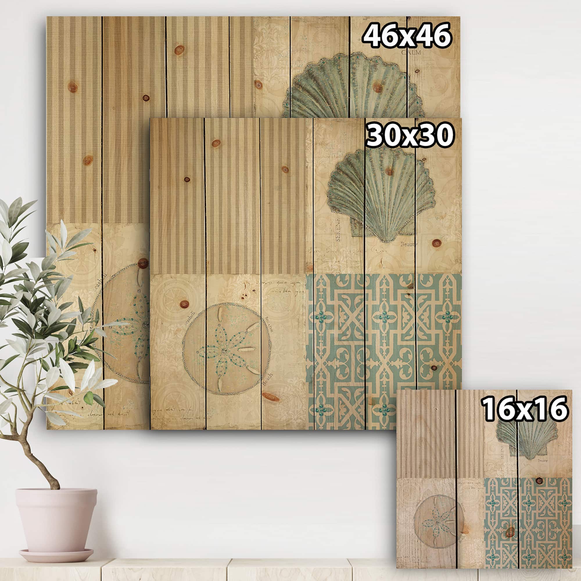 Designart - Beach Treasures Collage I - Traditional Bathroom Print on Natural Pine Wood