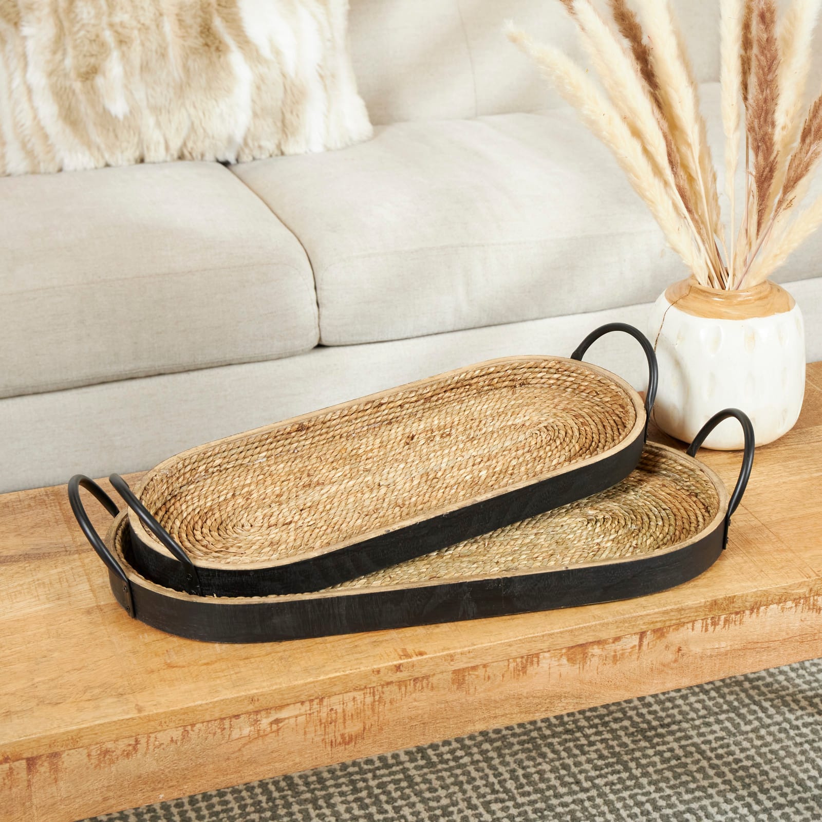 Brown Wooden Coiled Oval Nesting Tray Décor Set