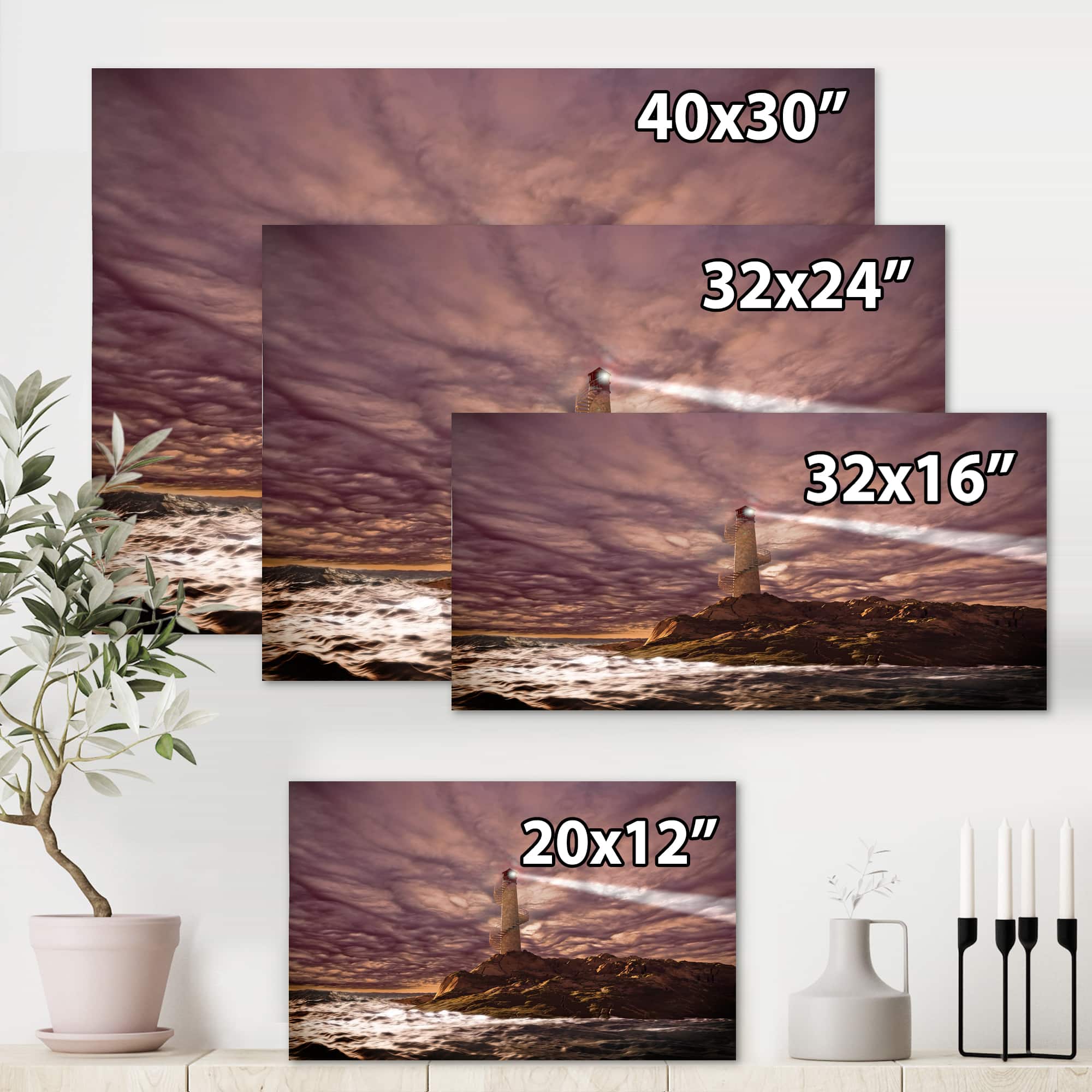 Designart - Lighthouse Shining Light During Stormy Night I
