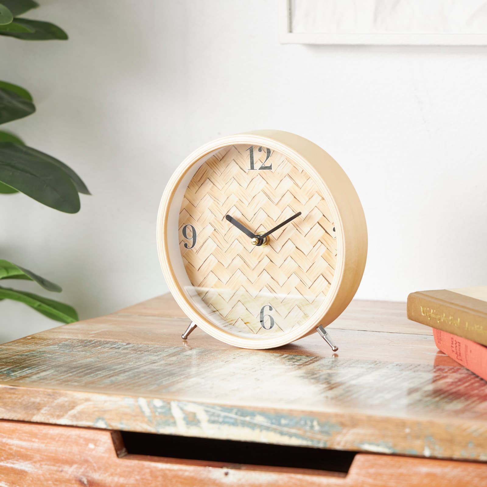 7" Light Brown Wood Woven Chevron Patterned Clock with Silver Legs