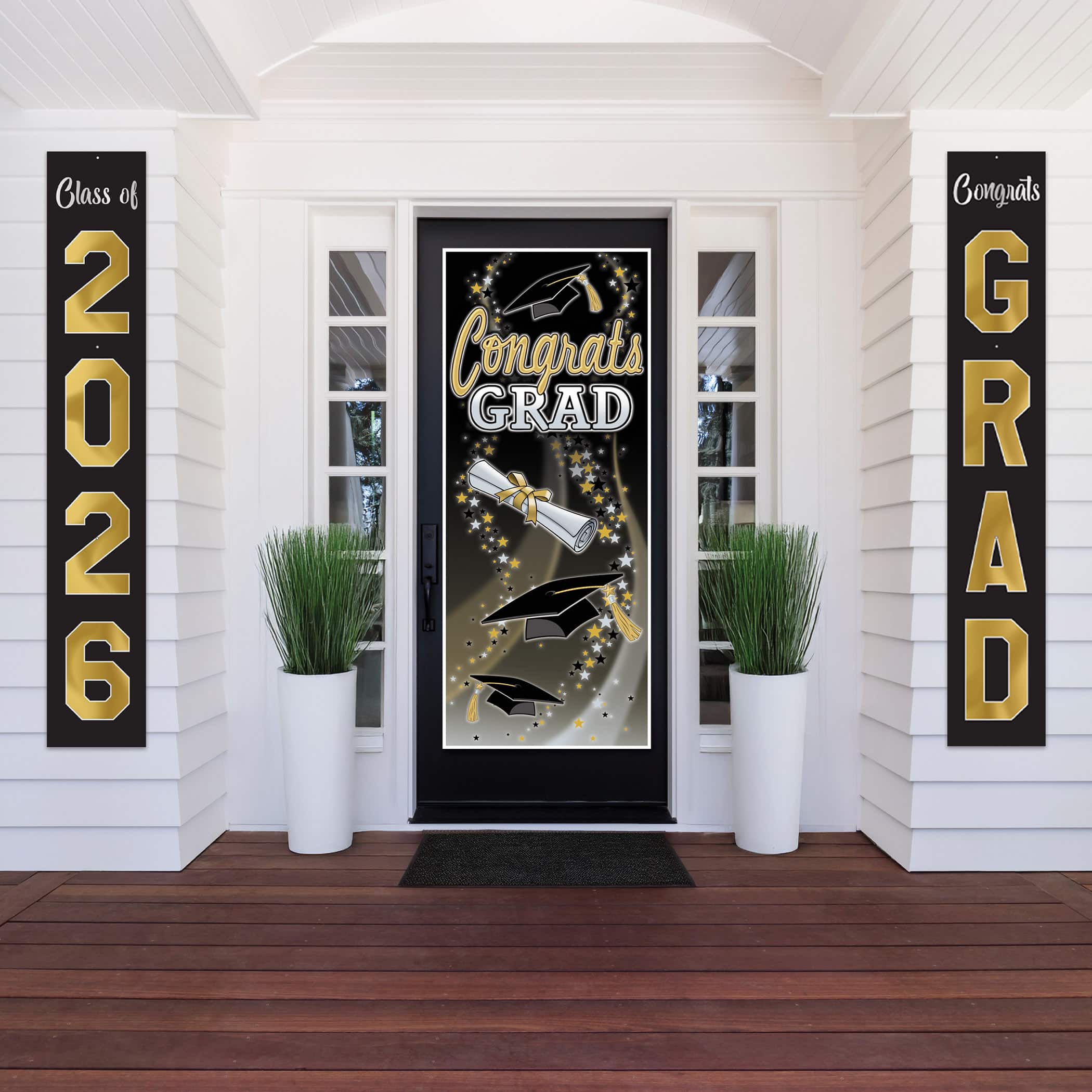 Beistle 6ft. Black & Gold Jointed Foil Graduation Pull-Down Cutouts, 2ct.