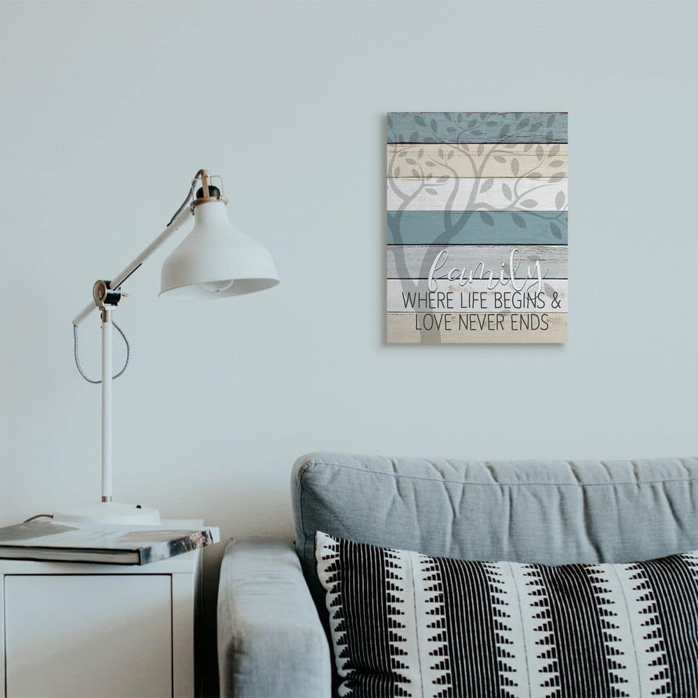 Stupell Industries Family Begin and End Quote Tree Wood Grain Blue Tan Phrase Canvas Wall Art