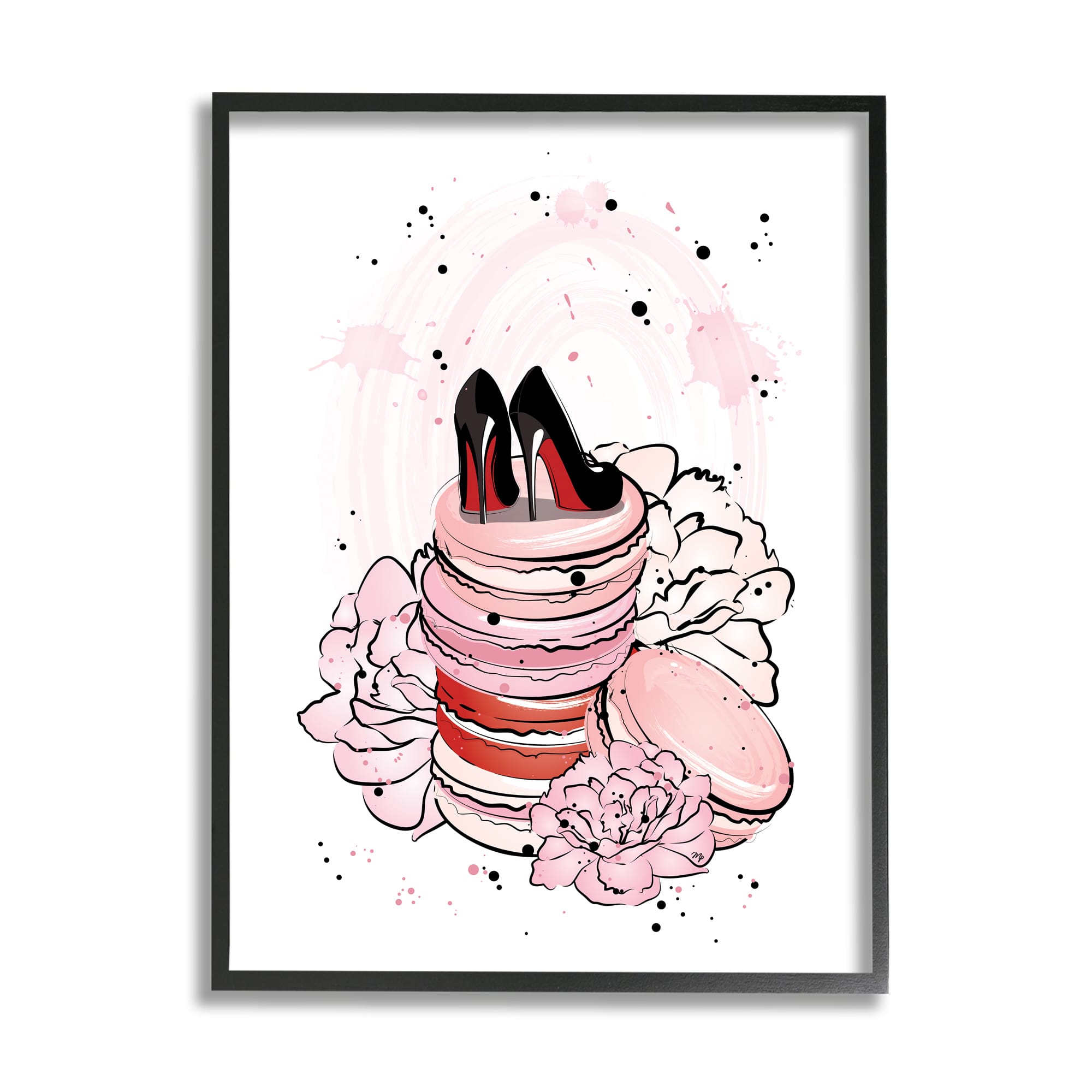 Stupell Industries Glam Red Bottom Heels on Pink Macarons Black Framed Wall Art