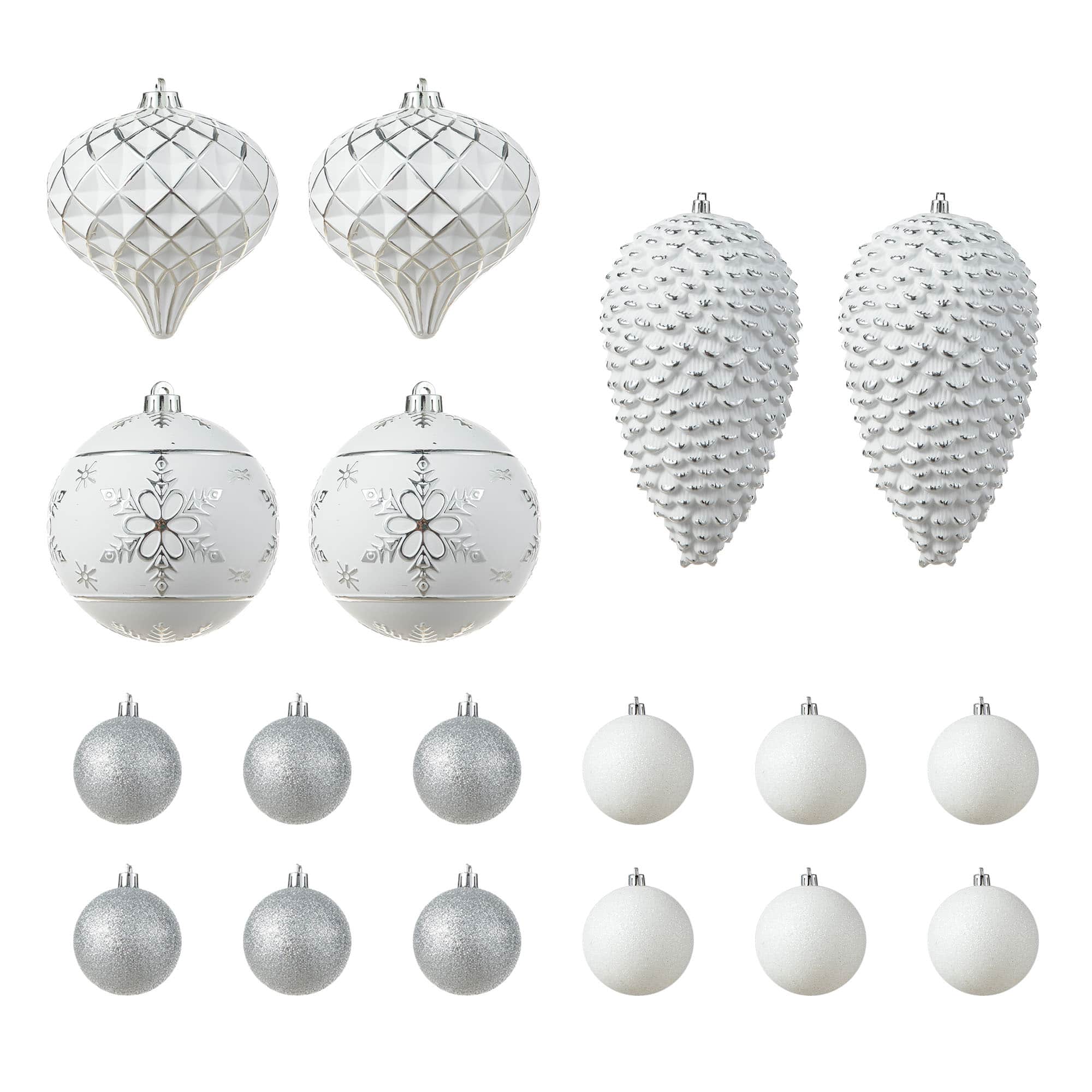 Glitzhome® 18 Pack Elegant Silver Deluxe Large Shatterproof Ornaments