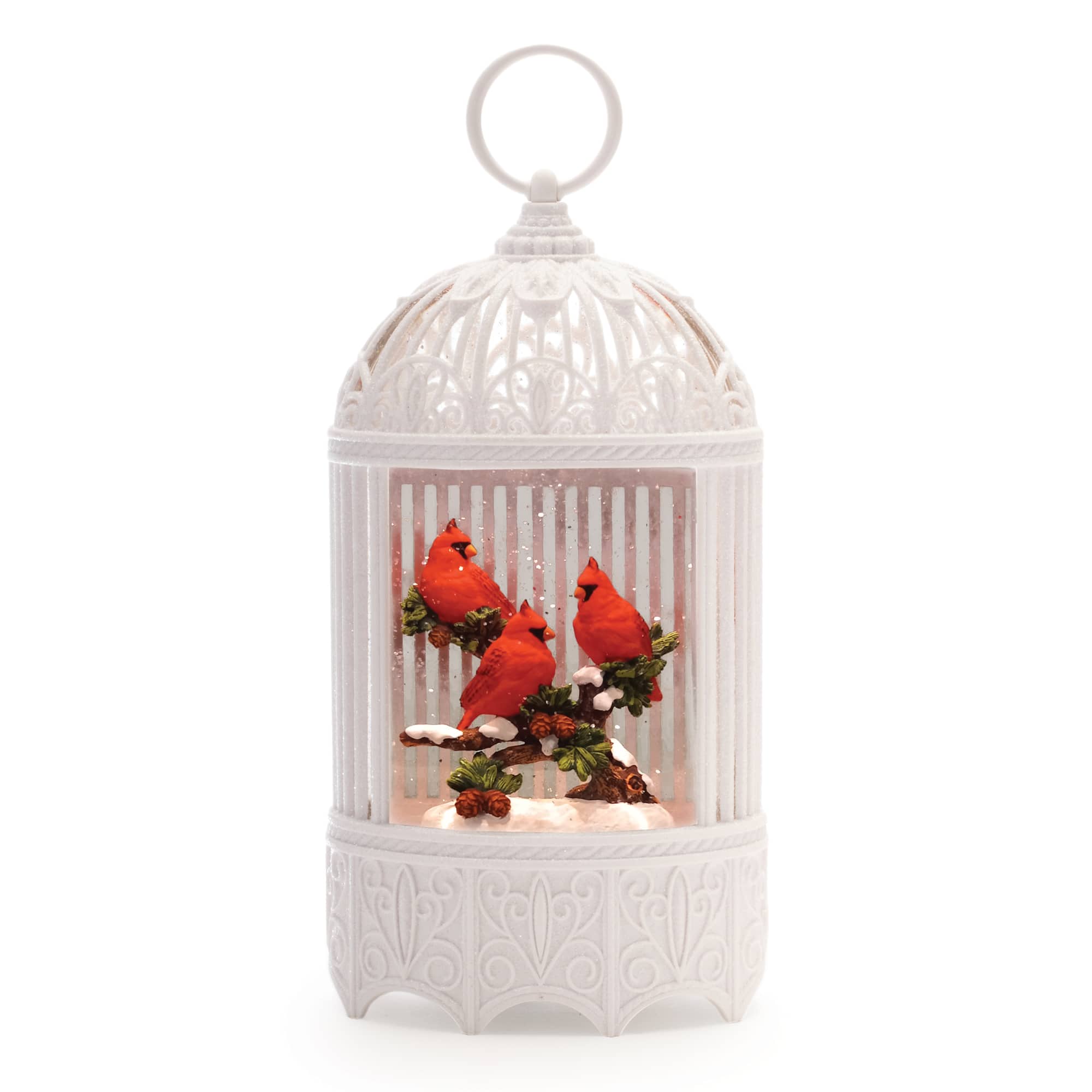 94052DS 11 in. Plastic LED Snow Globe with Cardinals, White & Red - 3 AA Batteries Not Included & USB Cord Included 6 Hour Timer