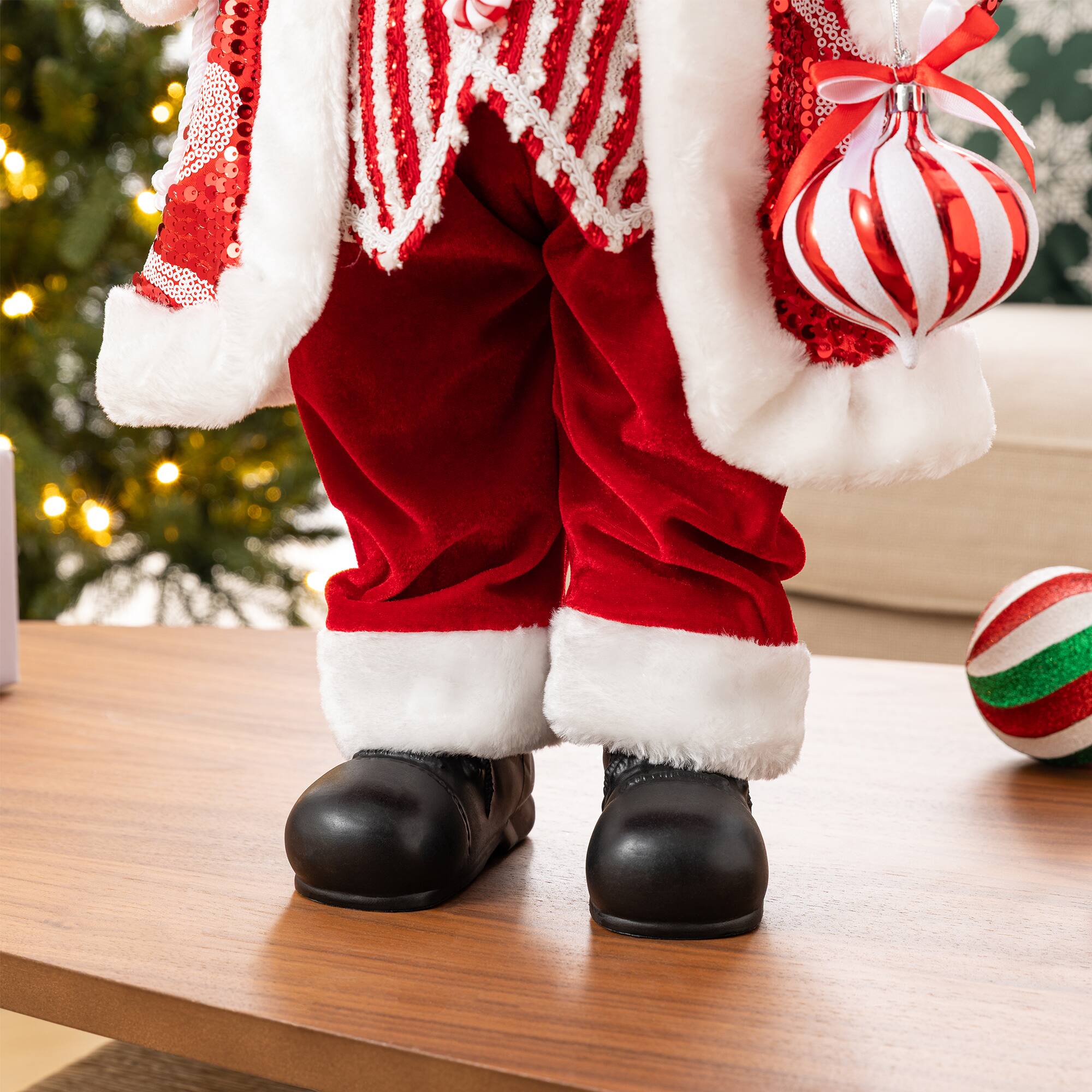 Glitzhome® 24" Faux Fur Peppermint Christmas Santa Figurine