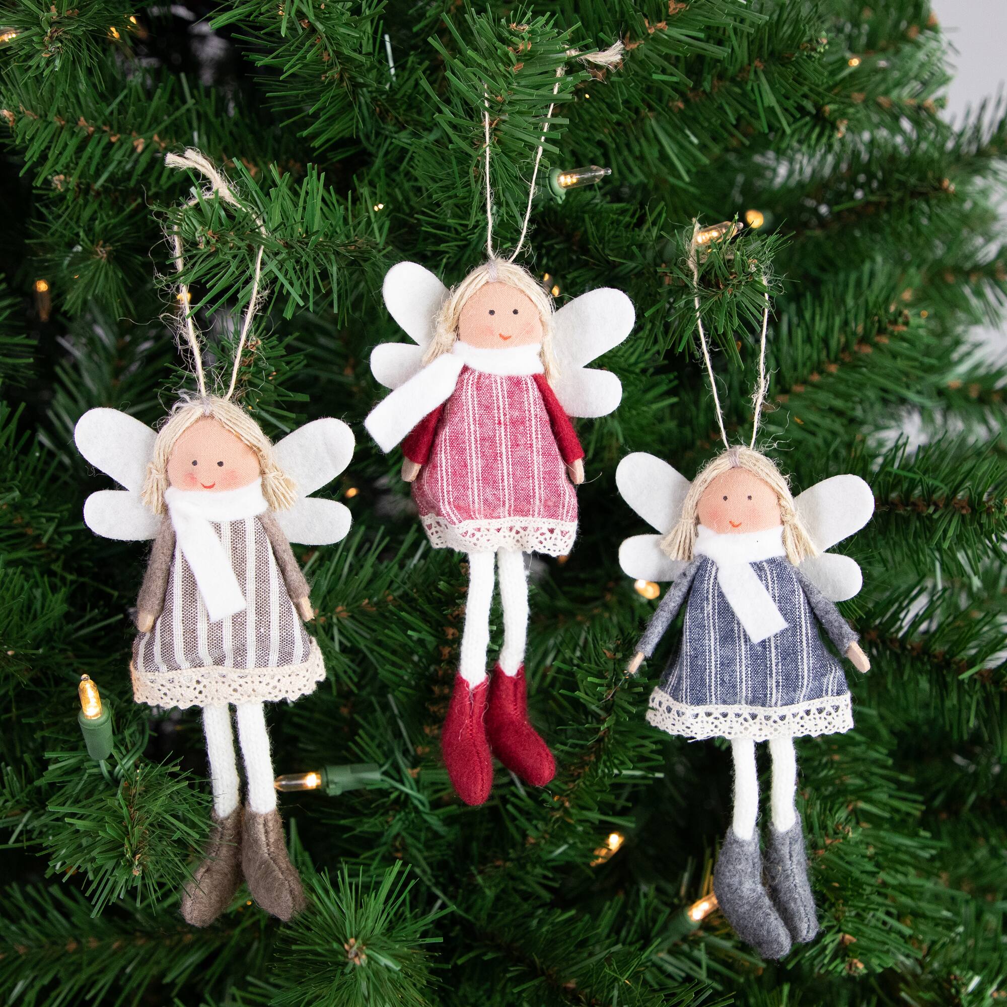 Angel Doll with Wings Christmas Ornaments - 6" - Red  Brown and Blue - Set of 3