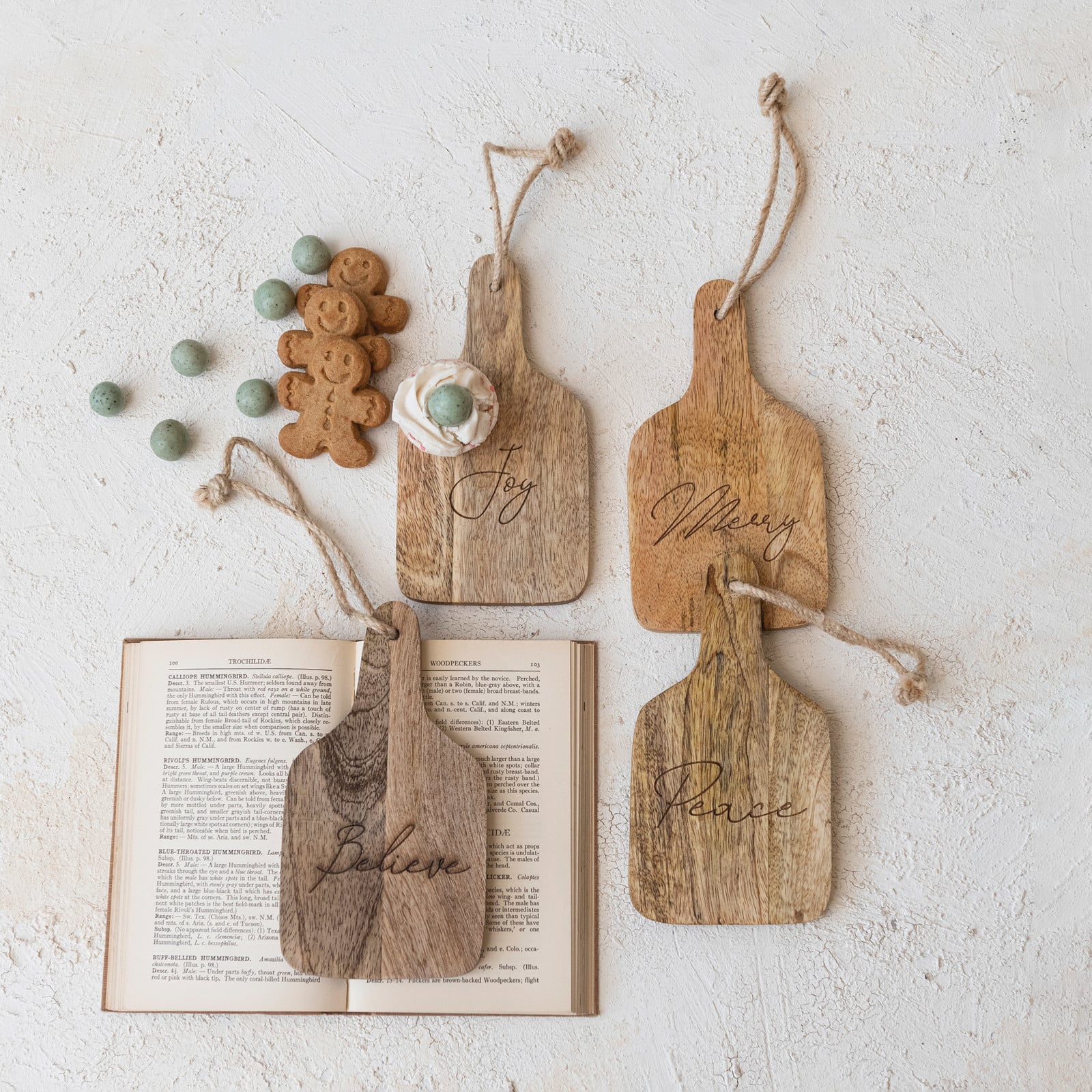 Hello Honey® 7.25" Holiday Words Mango Wood Cheese & Cutting Boards, 4ct.