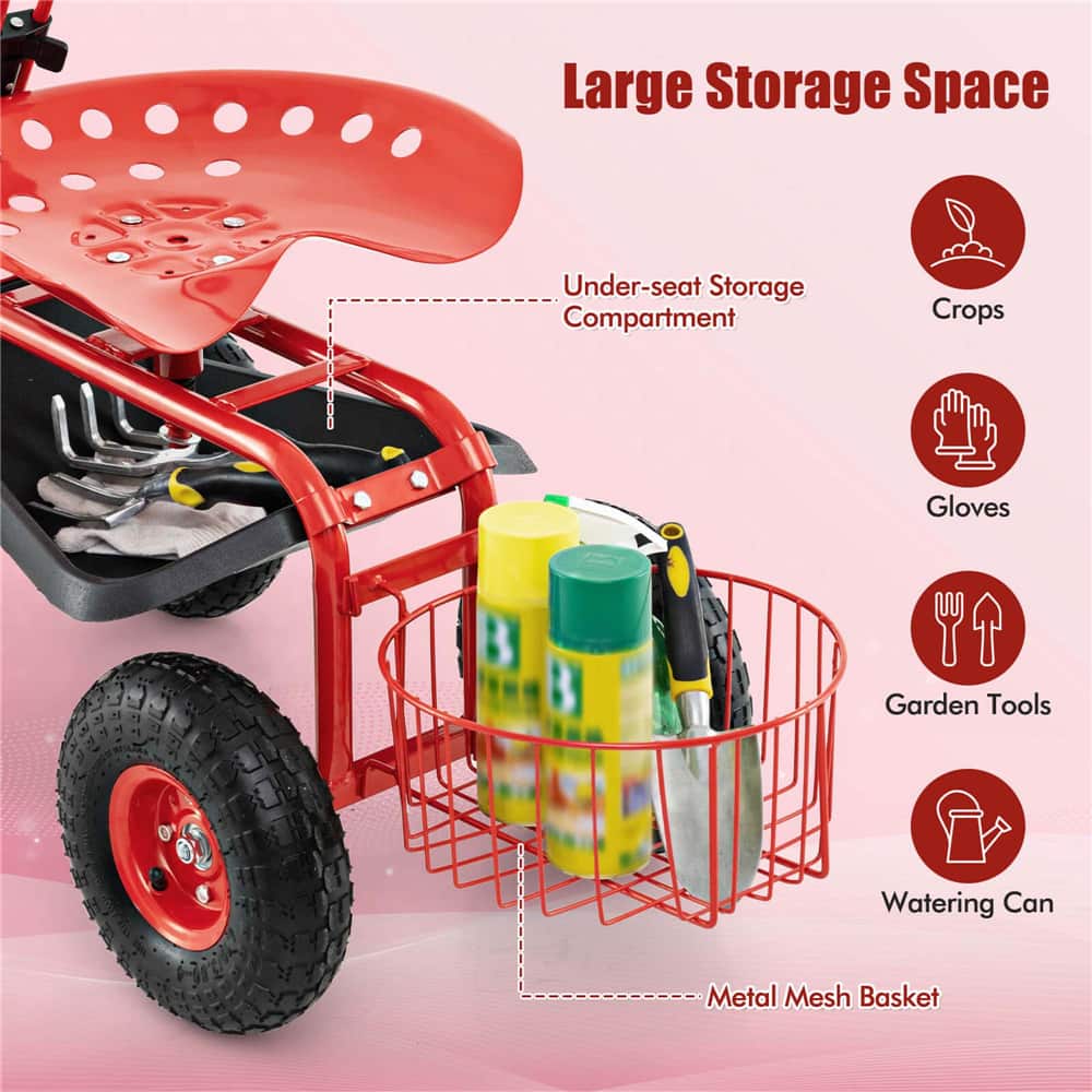 Costway Garden Cart Patio Wagon Roll Work Seat with Tray Basket Extendable Handle