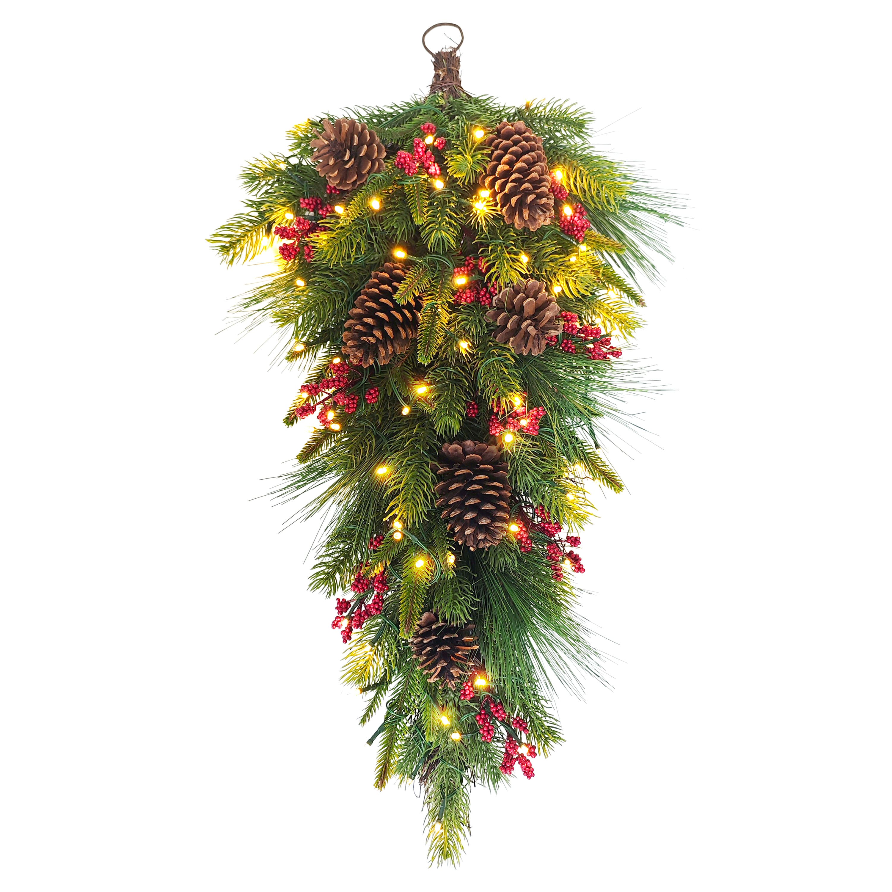 28" Pre-Lit Green Pinecones & Berries Adorned Artificial Banister Swag