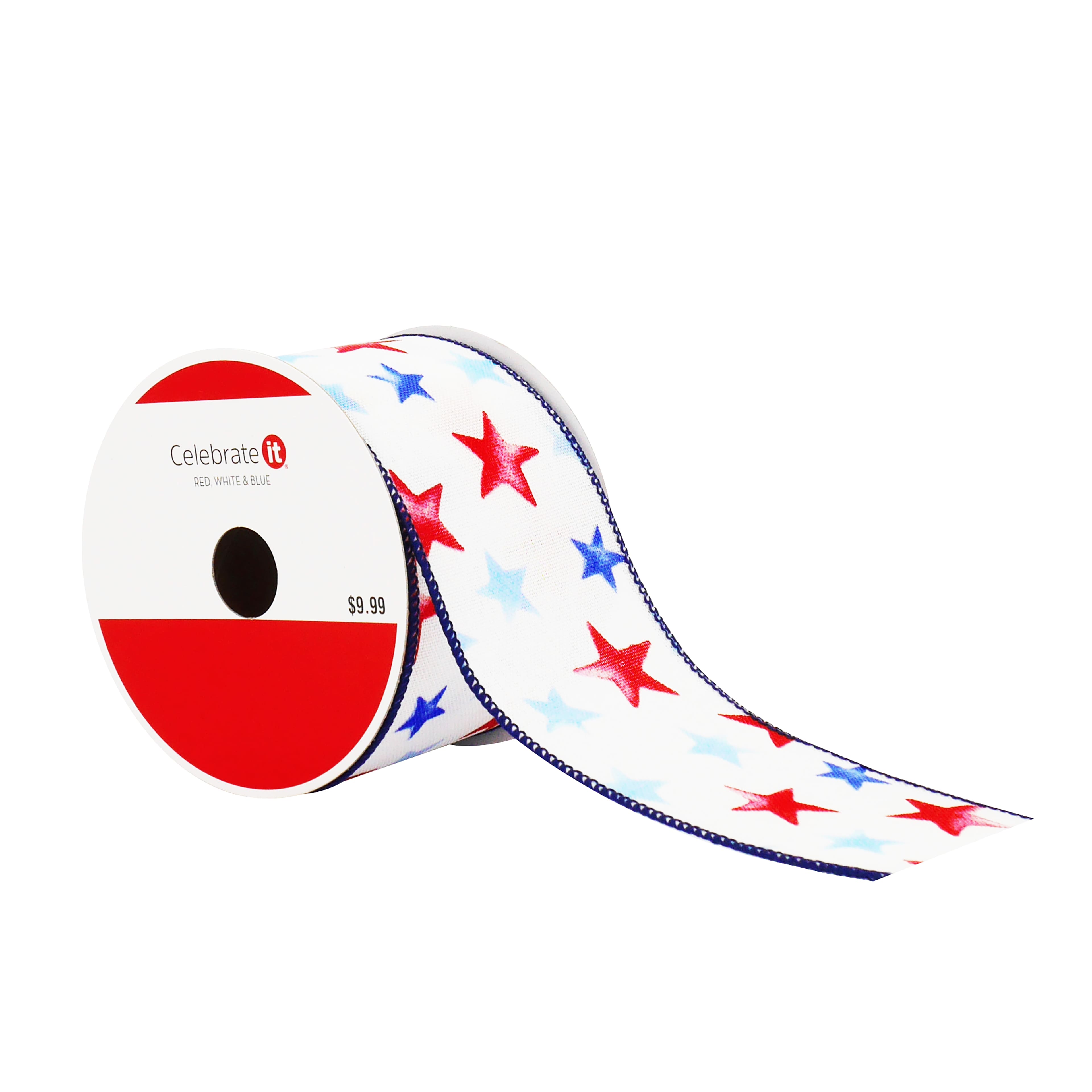 2.5" x 6.6yd. Red, White & Blue Stars Wired Cross Linen Ribbon by Celebrate It®