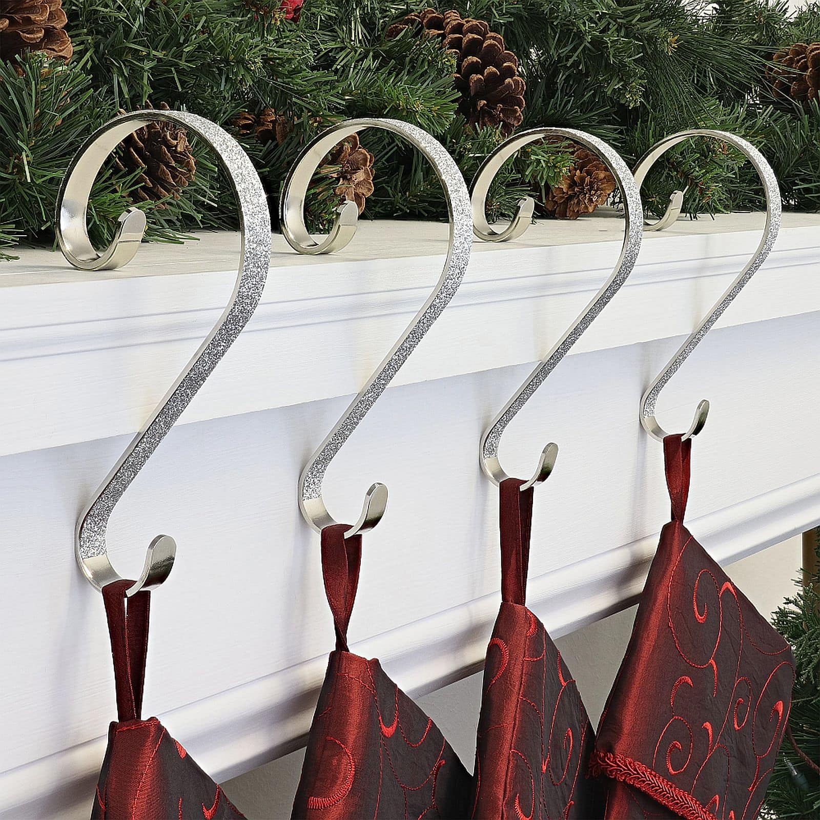 Haute Decor Stocking Scroll® Silver Glitter Stocking Holders, 4ct. 
