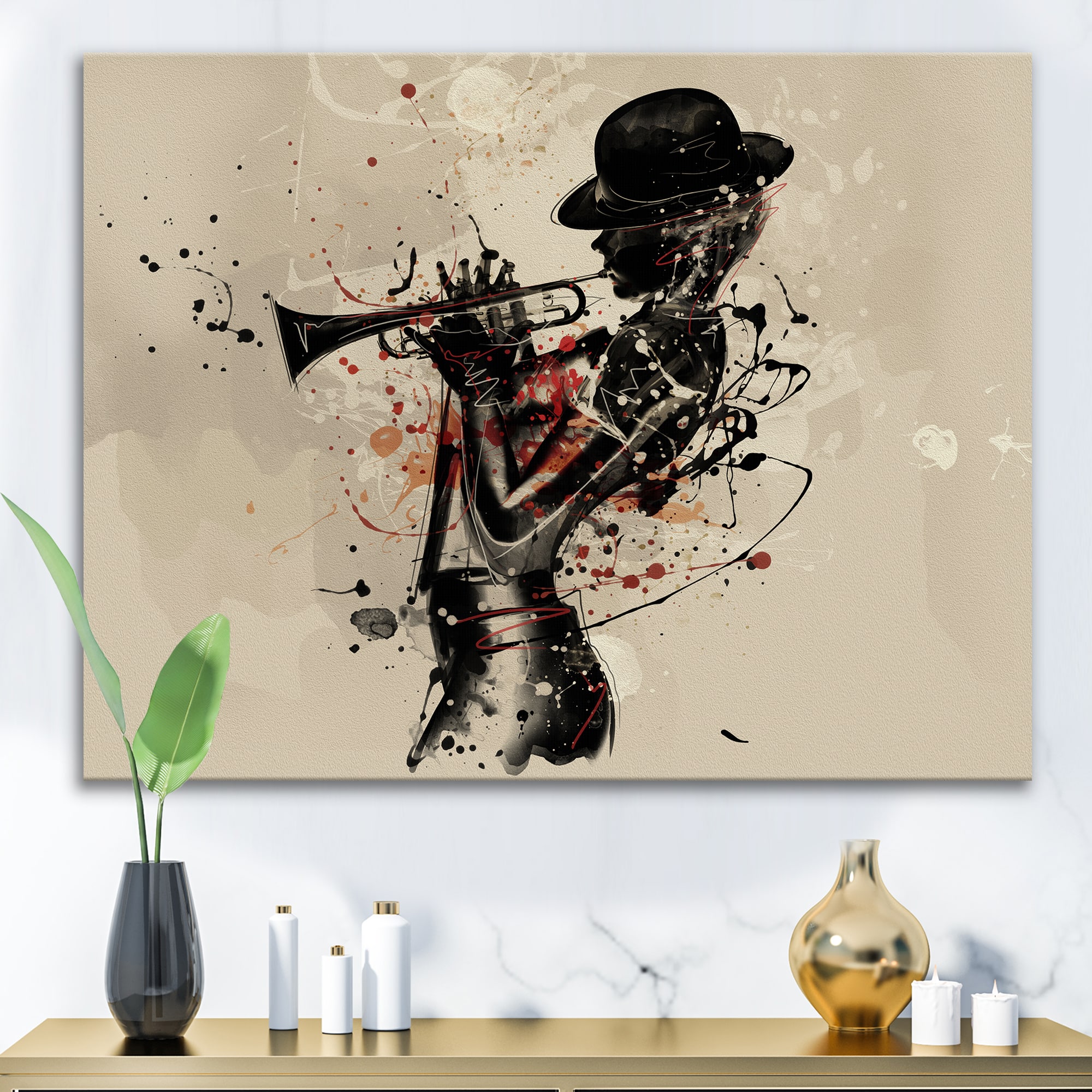 Designart - Woman Playing Jazz Trumpet - Modern Canvas Wall Art Print
