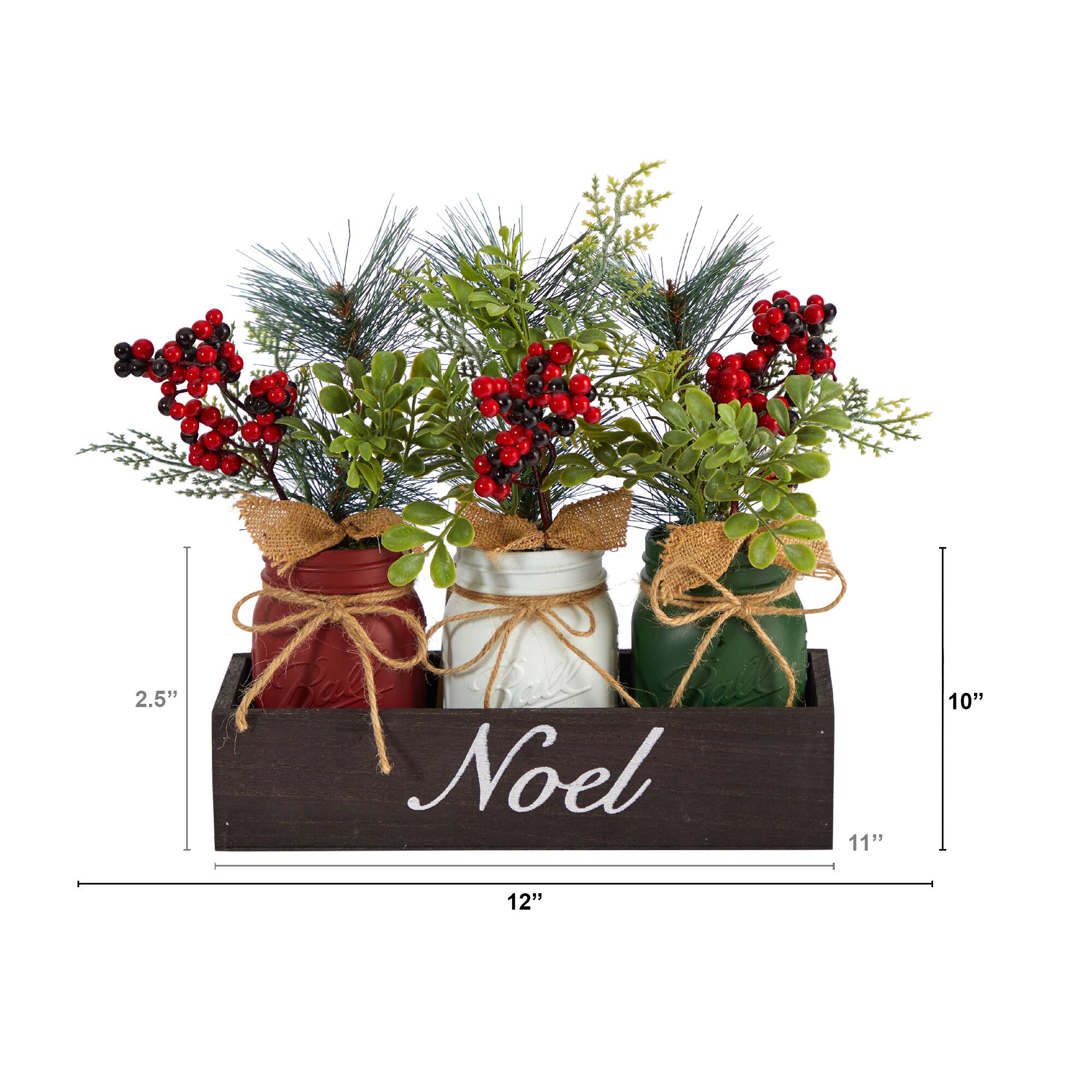 12" Holiday Winter Pine & Berries Mason Jar Arrangement Set