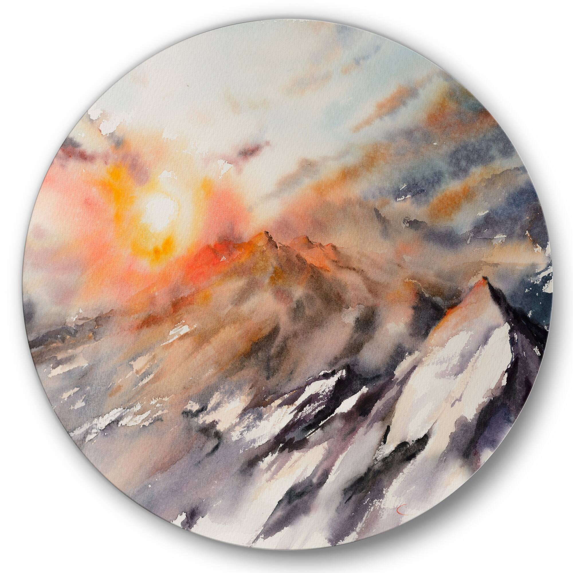 Designart - Majestic Sunset In The Mountains Landscape - Traditional Metal Circle Wall Art