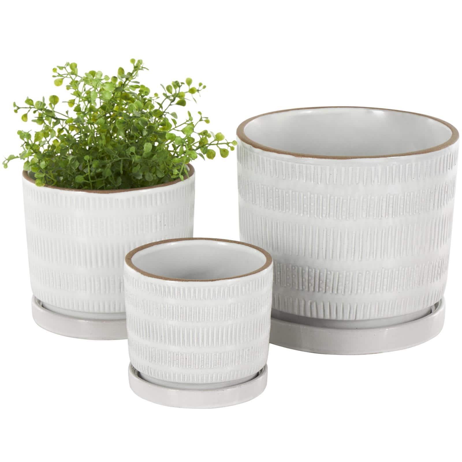 White Linear & Dotted Pattern Ceramic Planter Set