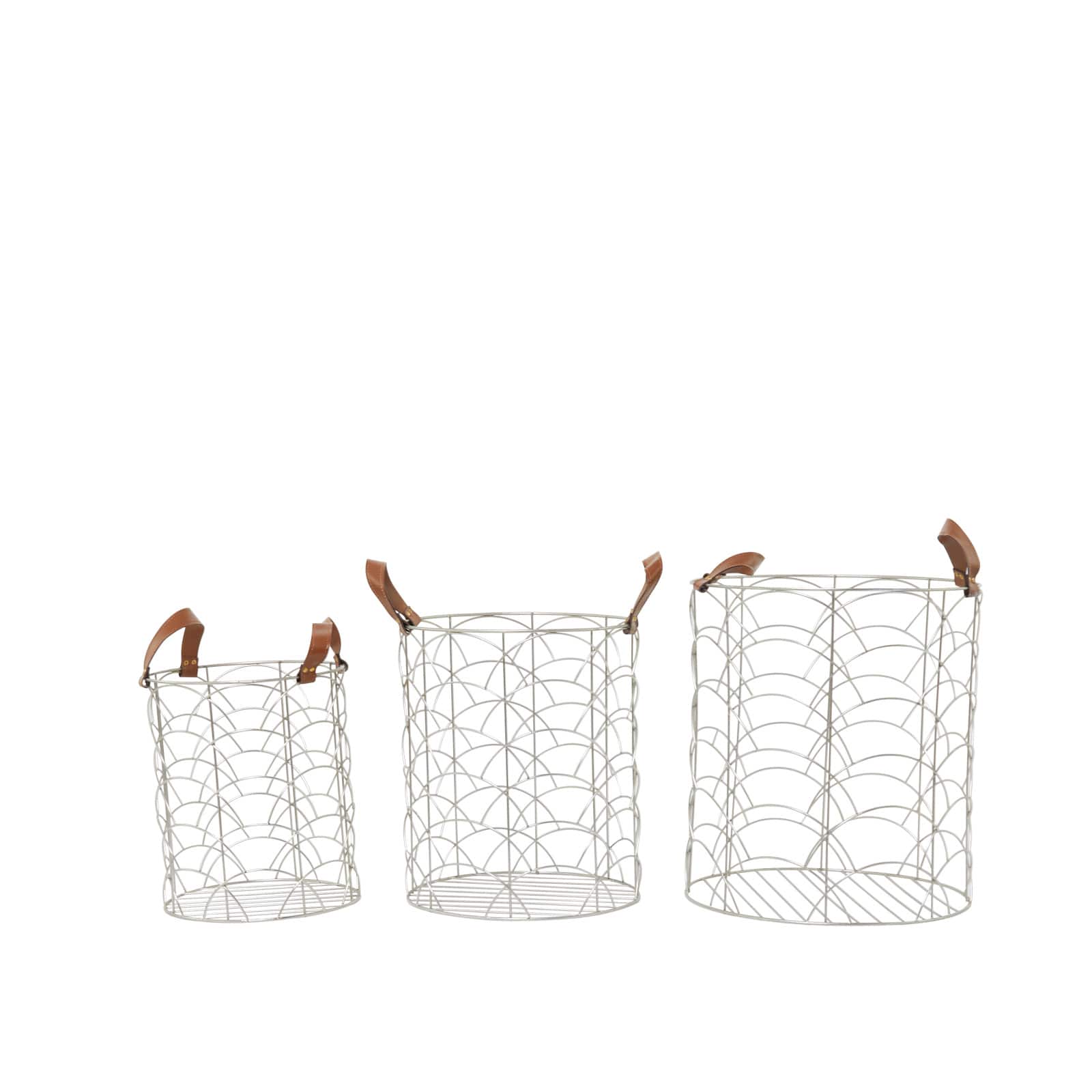 CosmoLiving by Cosmopolitan Silver Metal Storage Basket with Faux Leather Handles Set of 3 16", 14", 12"