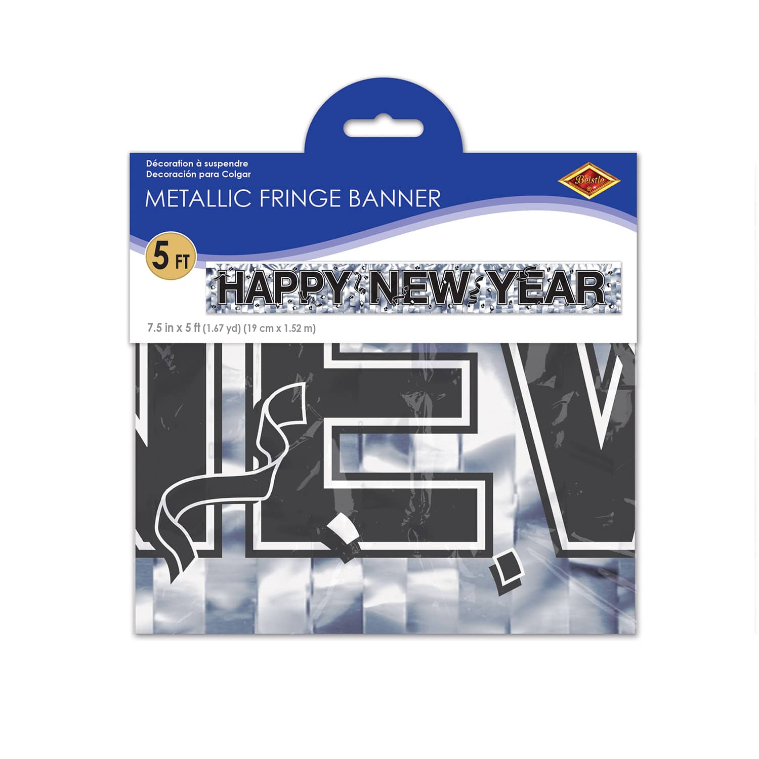 Beistle 7.5" x 5ft. Silver Happy New Year Metallic Fringe Banners, 2ct.