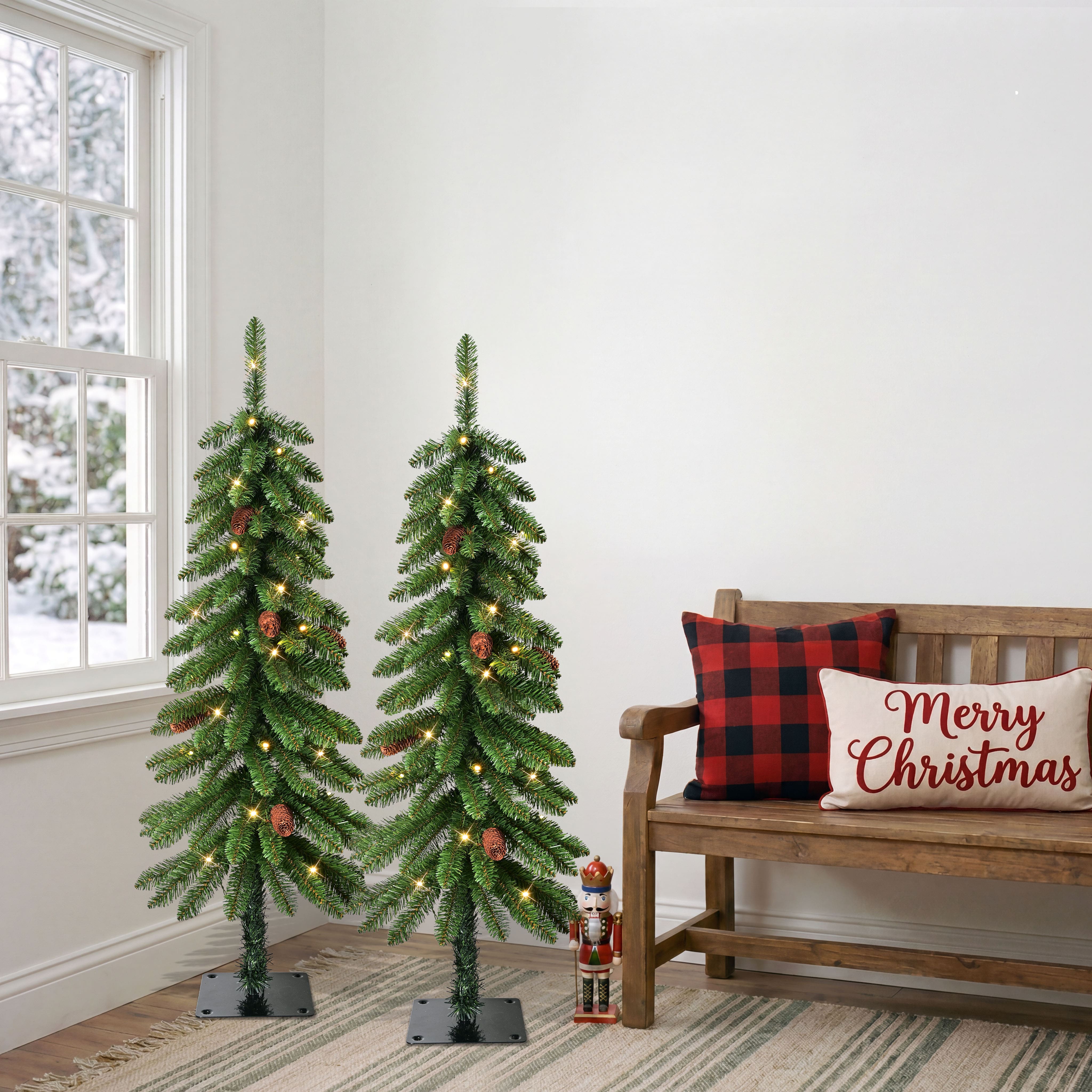 Puleo International 4ft. Pre-Lit Artificial Alpine Christmas Trees with Pinecones, Warm White LED Lights, 2ct.