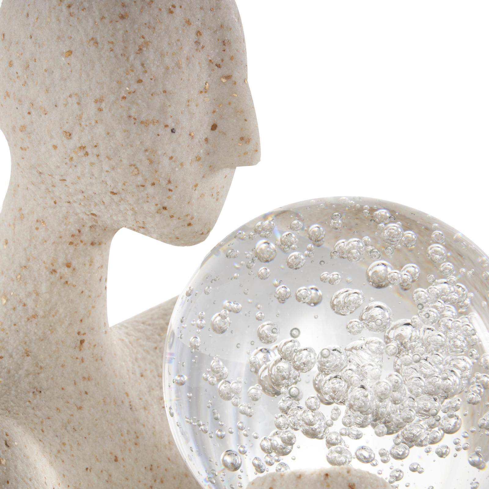 12.75" Cream People Abstract Textured Polystone Sculpture with Clear Glass Ball & Gold Speckles