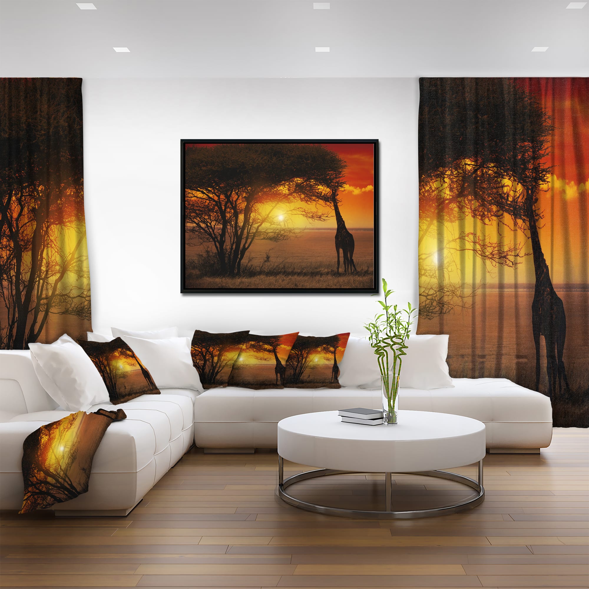 Designart - Typical African Sunset with Giraffe - Oversized African Landscape Framed Canvas Art