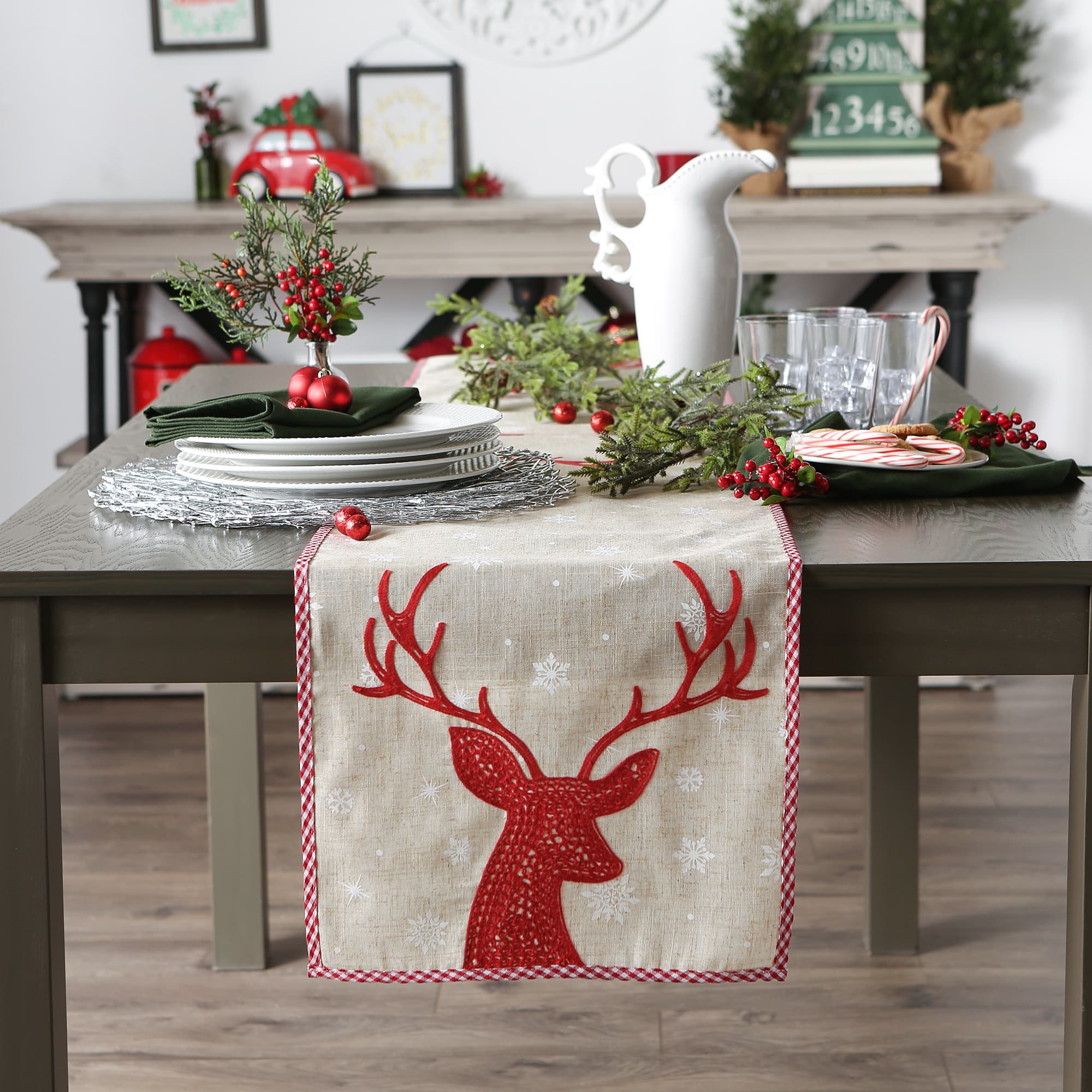 DII® 108" Red Reindeer Embroidered Table Runner