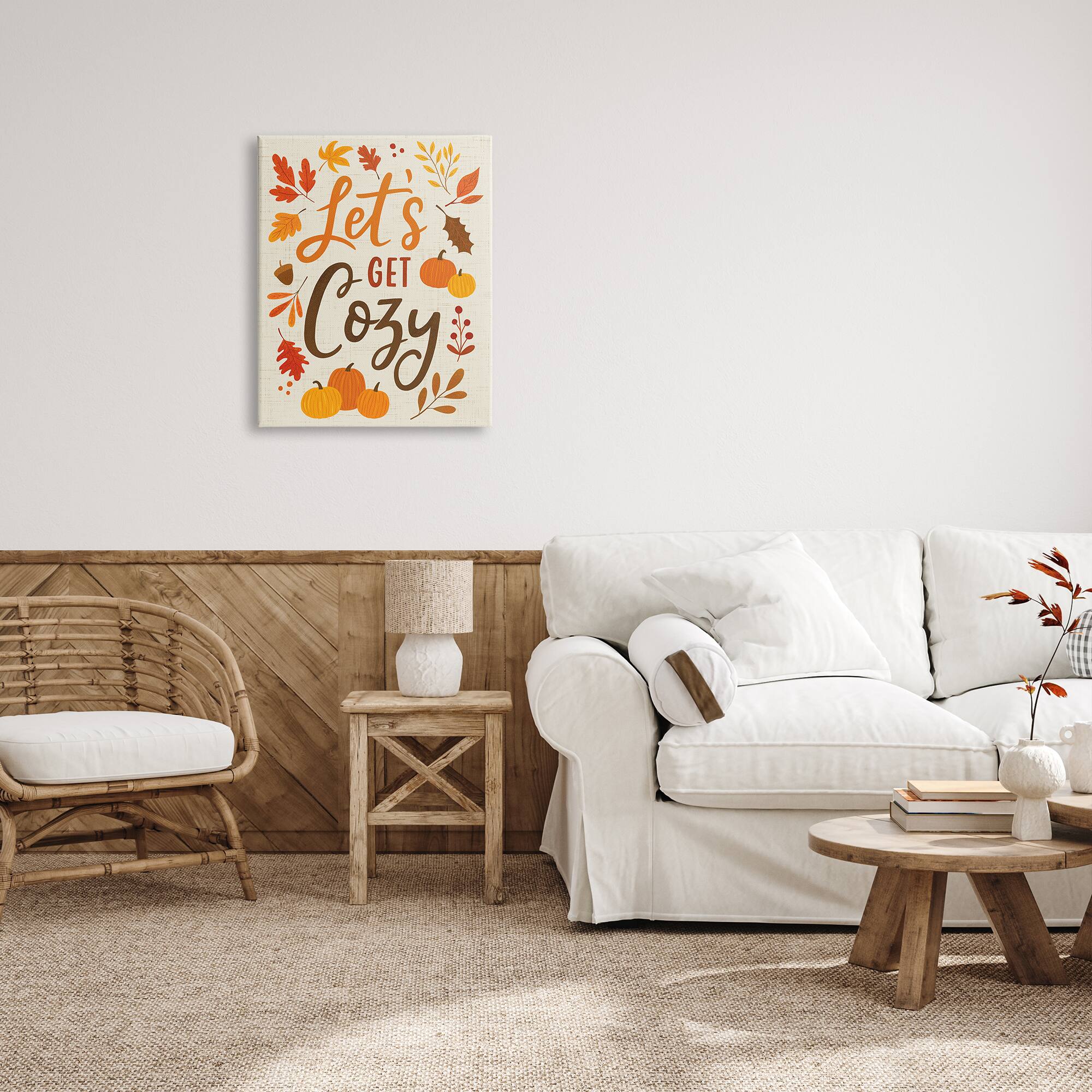 Stupell Industries Lets Get Cozy Autumnal Leaf Sprigs Canvas Wall Art