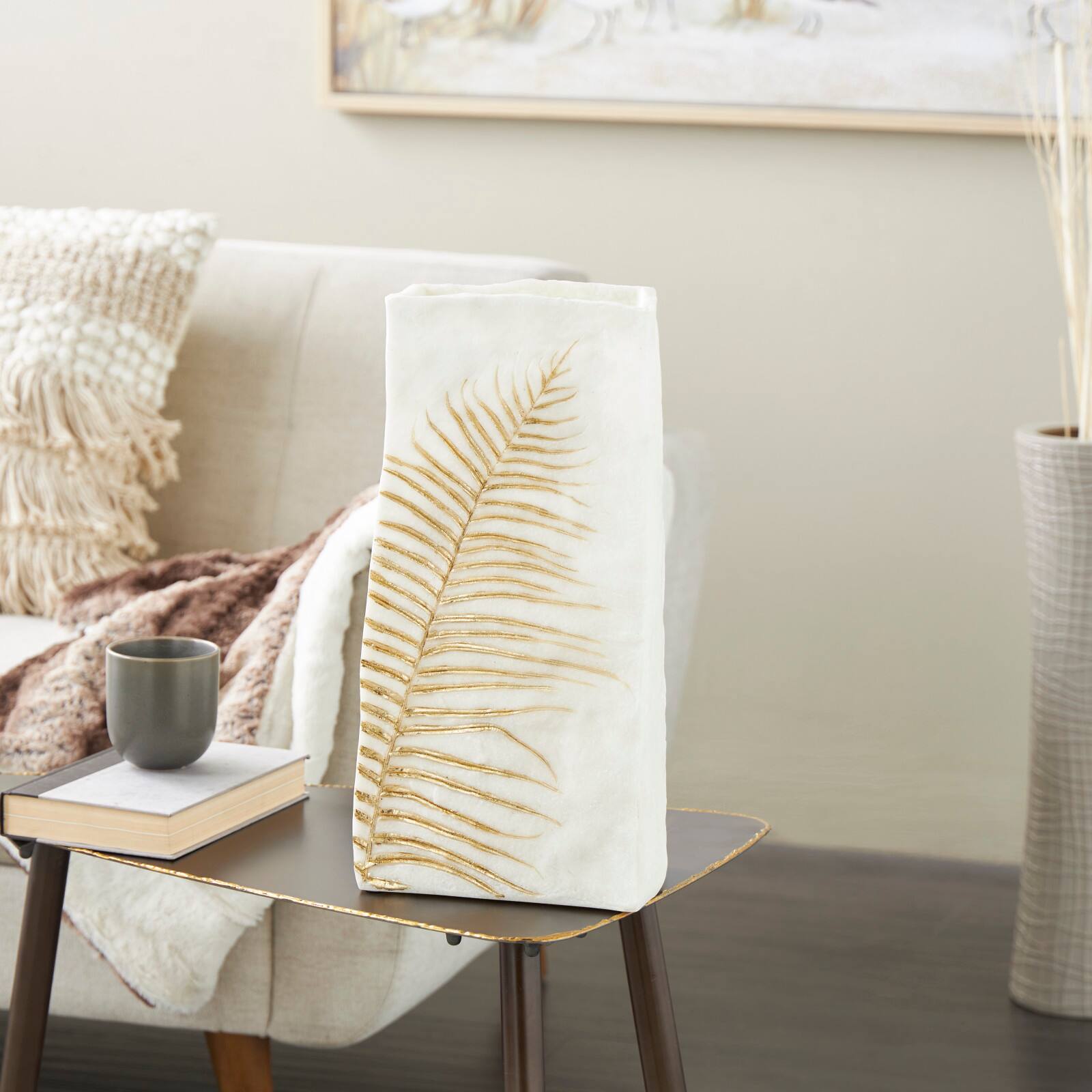 White & Gold Leaf Print Polystone Vase
