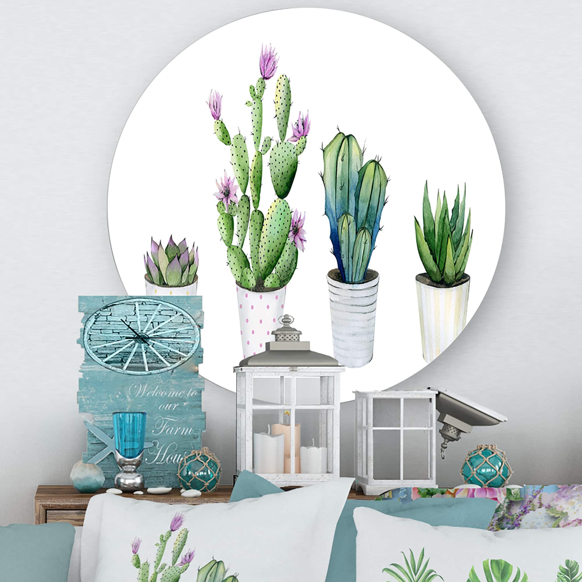 Designart - Cactus Succulent Aloe Vera Home Plants In The Pots - Farmhouse Metal Circle Wall Art