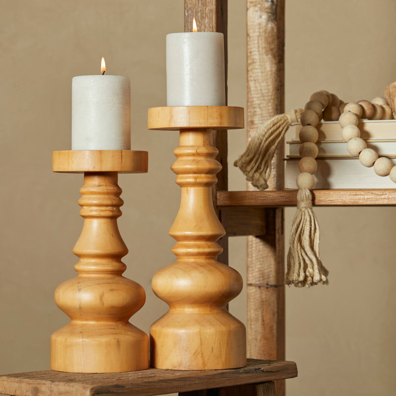 Brown Wood Round Turned Style Pillar Candle Holder Set