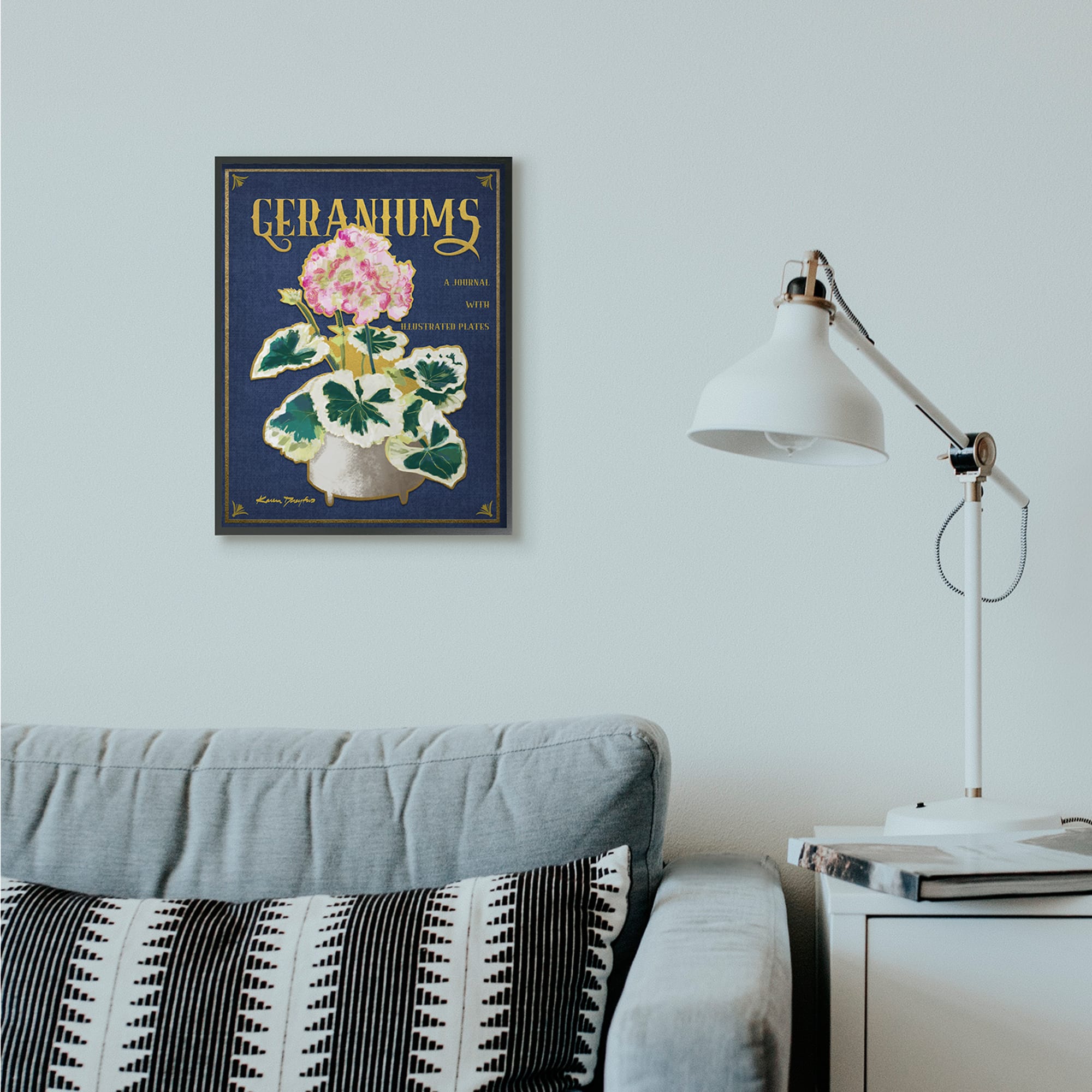 Stupell Industries Geraniums Blue Gold Flower Word Design in Frame Wall Art