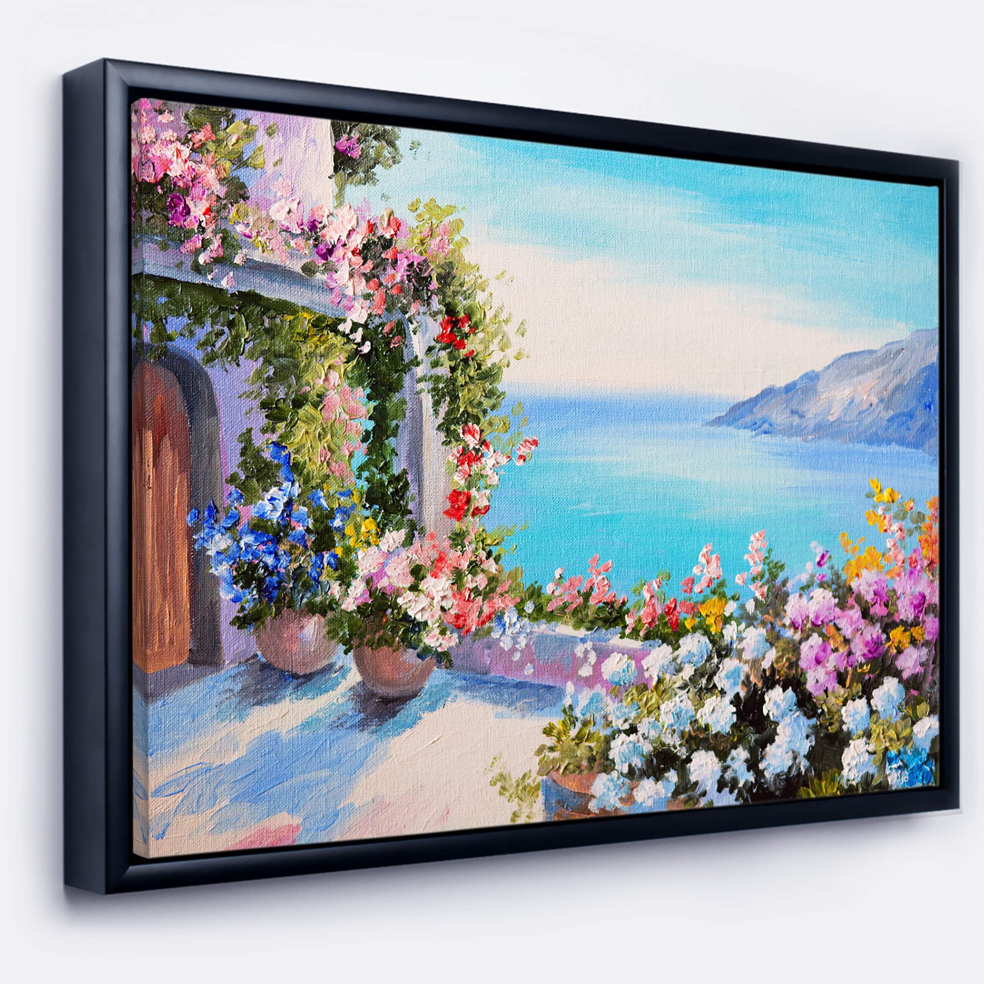 Designart - Sea and Flowers - Landscape Art Print Canvas in Black Frame