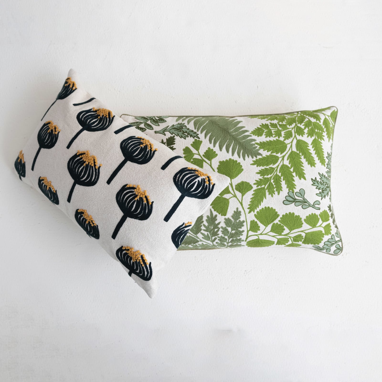 Green & White Botanical Embroidered Lumbar Pillow
