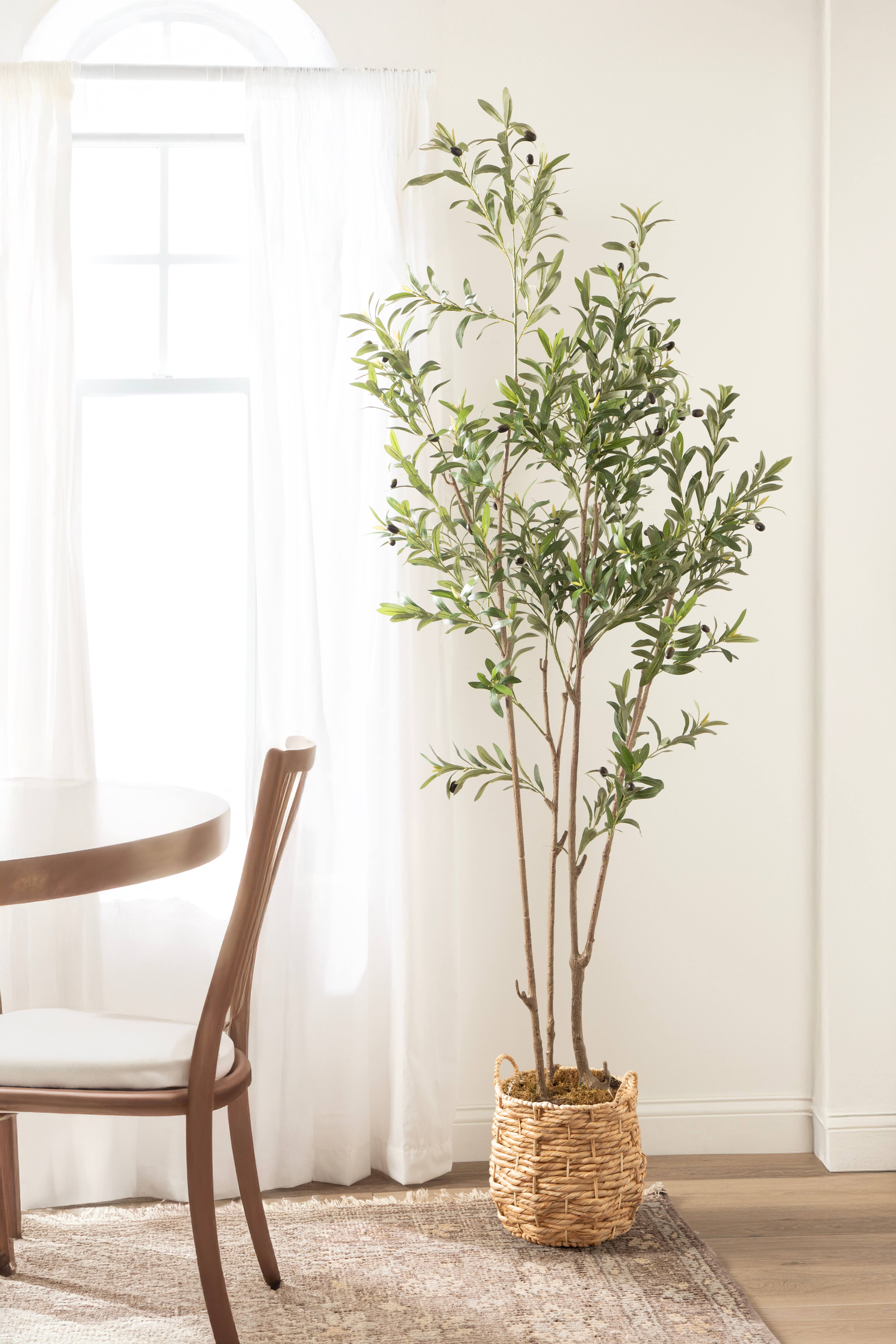 Kate and Laurel 7ft. Natural Green Oliveira Faux Olive Tree with Brown Basket
