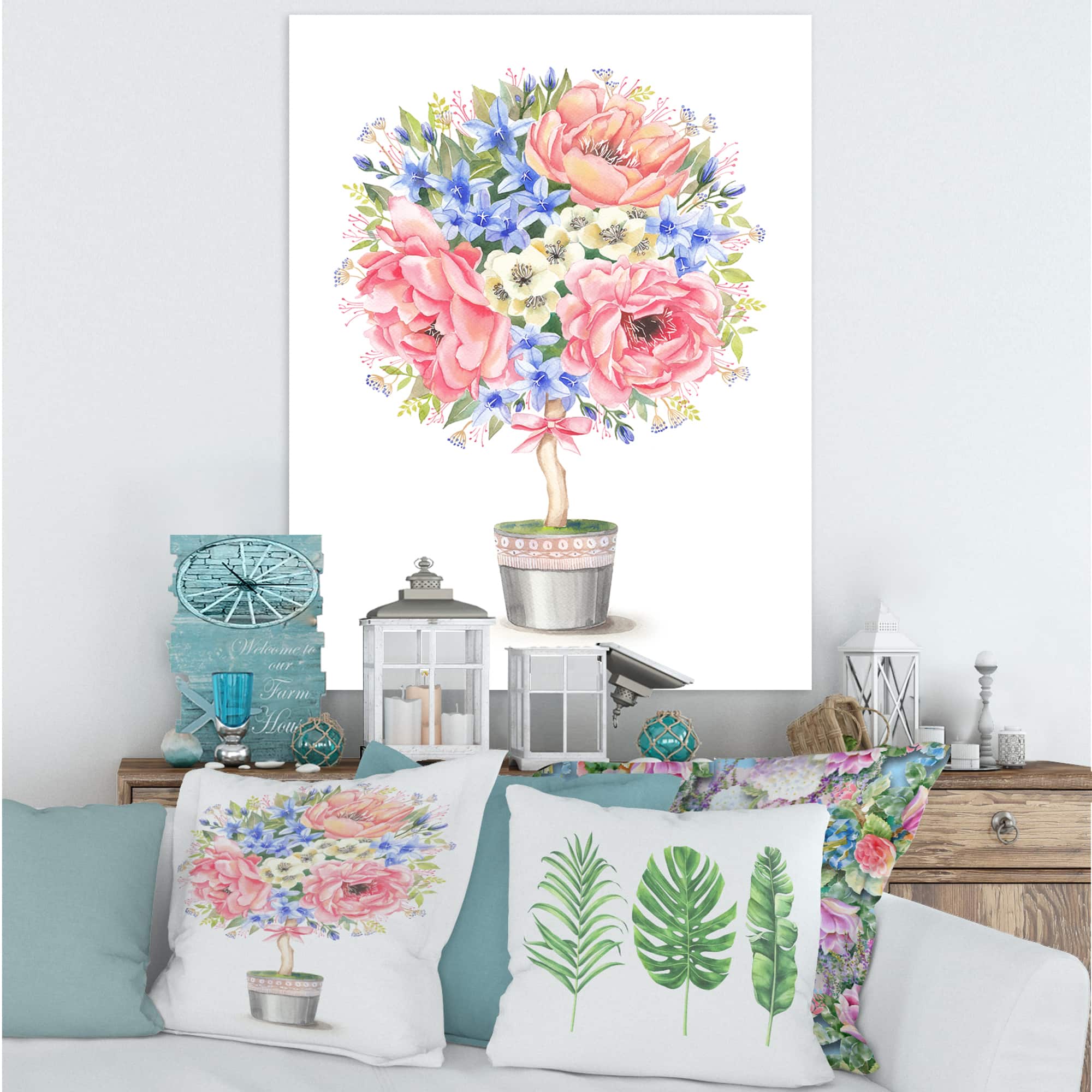 Designart - Flower Tree In A Pot With A Bow - Farmhouse Canvas Wall Art Print