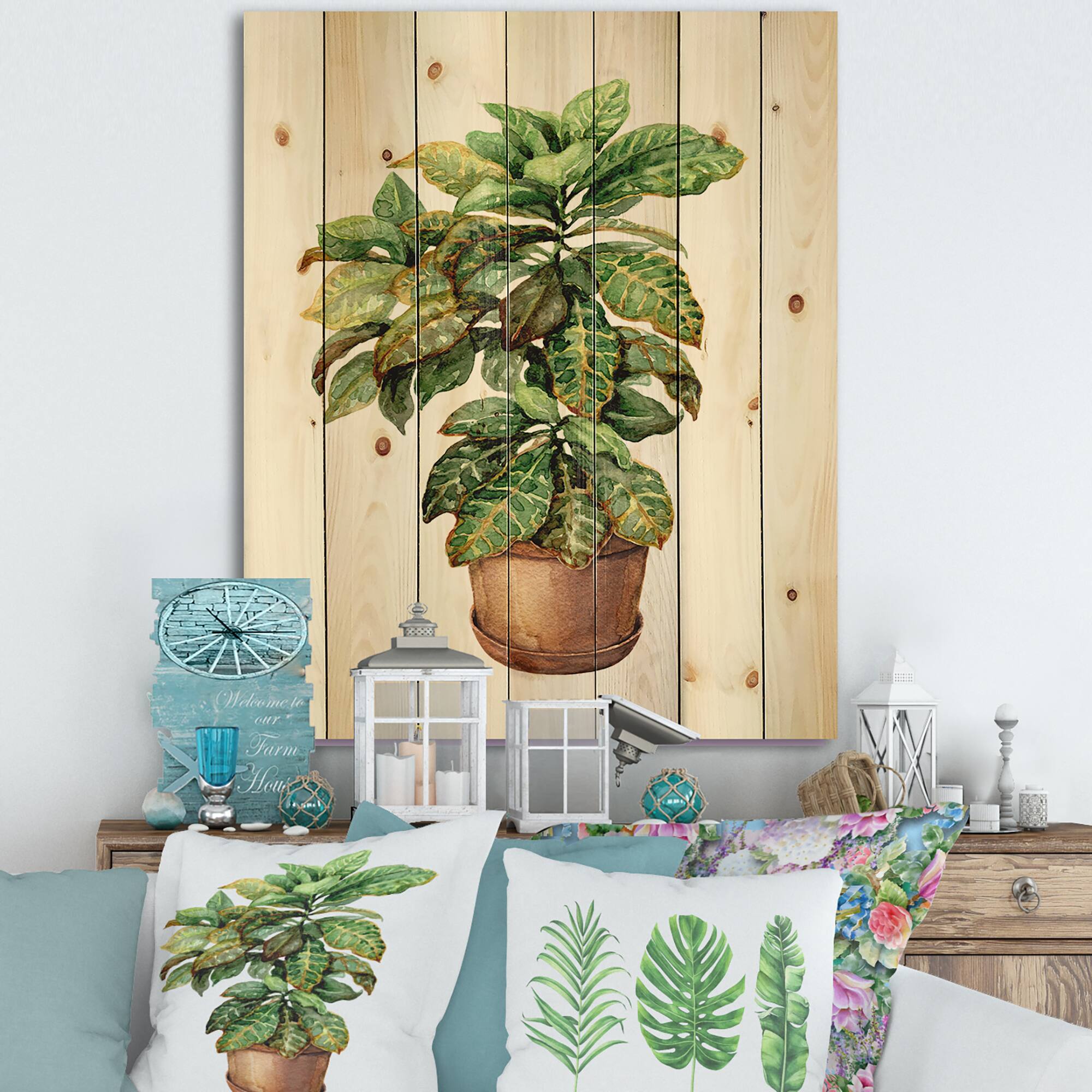 Designart - Croton In Clay Flowerpot - Traditional Print on Natural Pine Wood