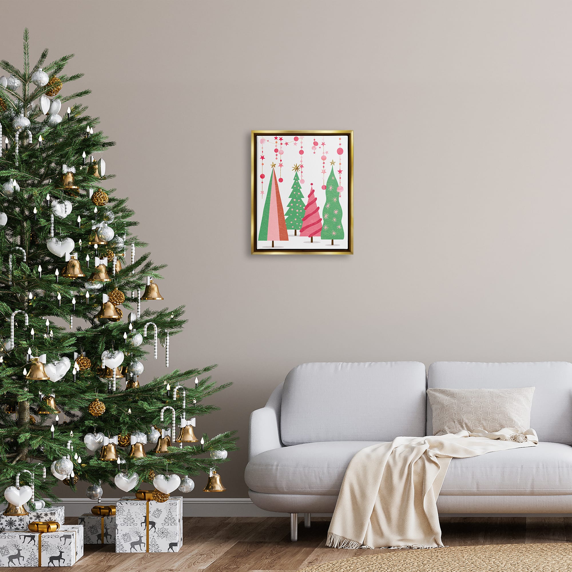 Stupell Industries Pink & Green Christmas Trees Framed Floater Canvas Wall Art