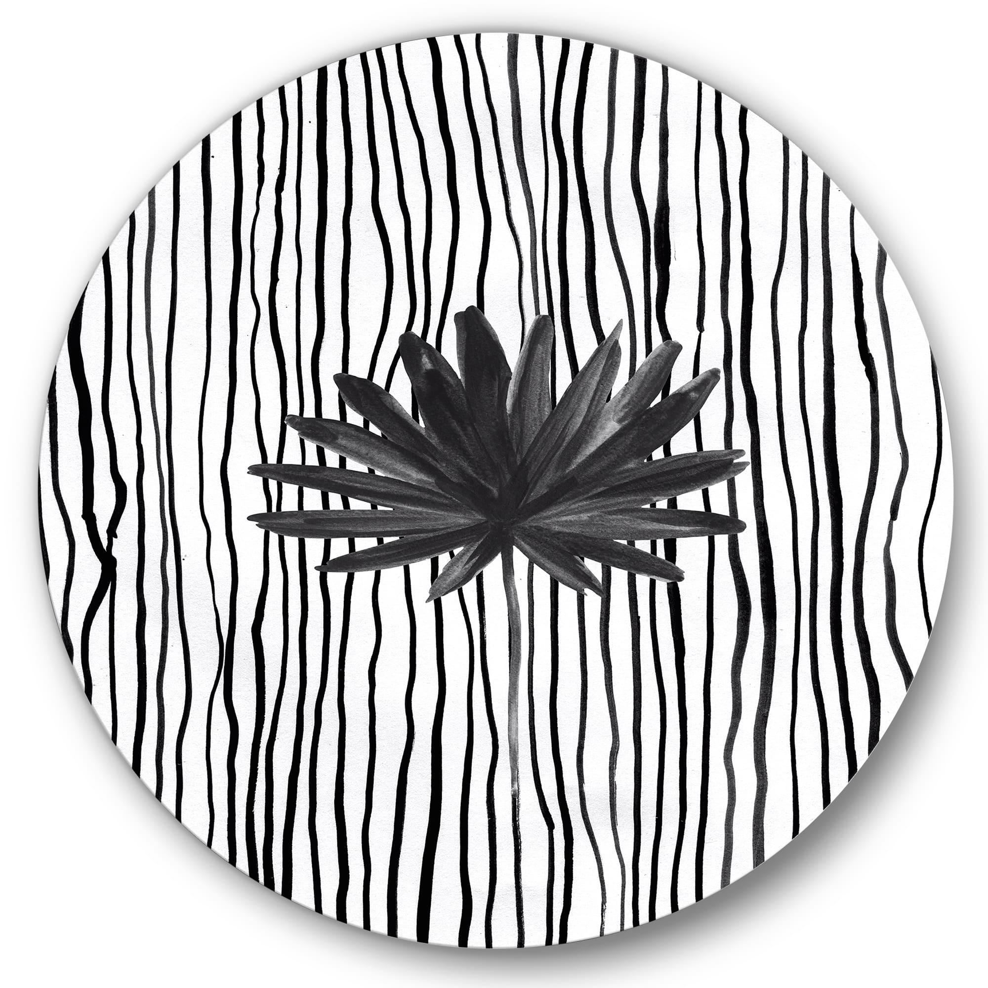 Designart - Black and White Tropical Leaf On Striped III - Modern Metal Circle Wall Art
