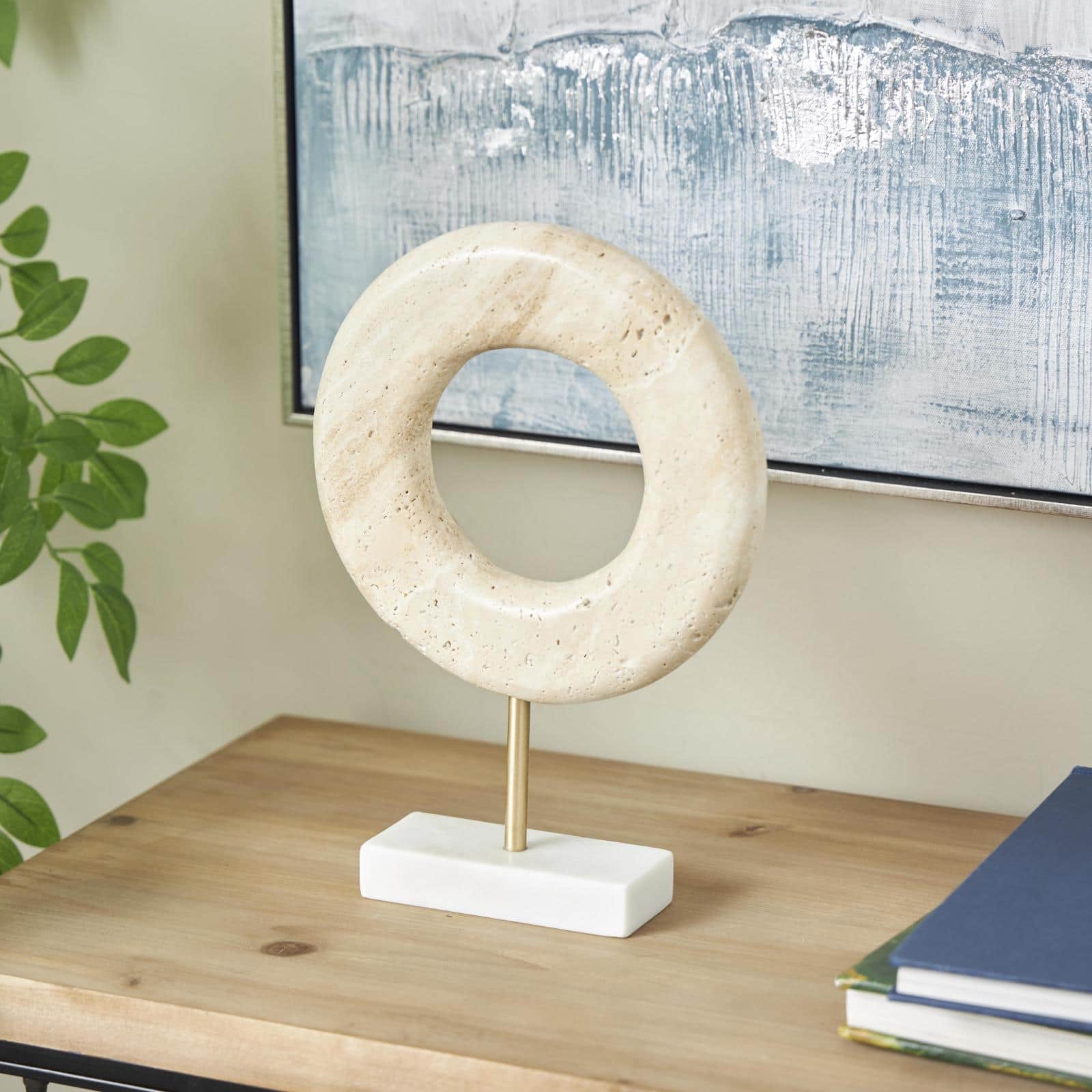 11.5" Cream Marble Geometric Textured Ring Decorative Sculpture with White Base & Gold Stand