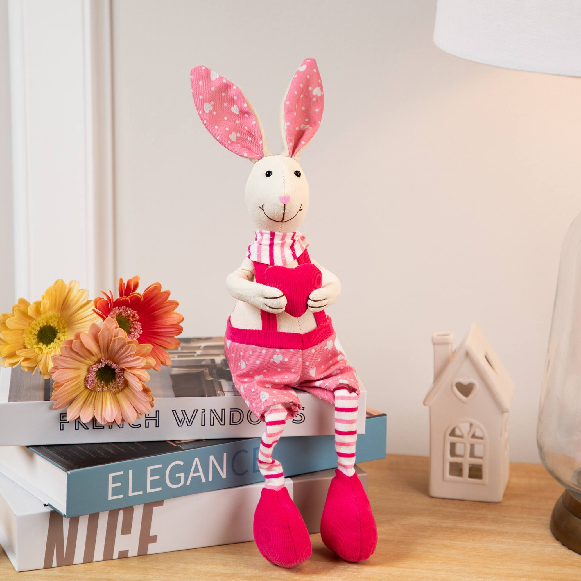 16.5" Pink & Cream Sitting Boy Easter Rabbit Figure with Dangling Legs