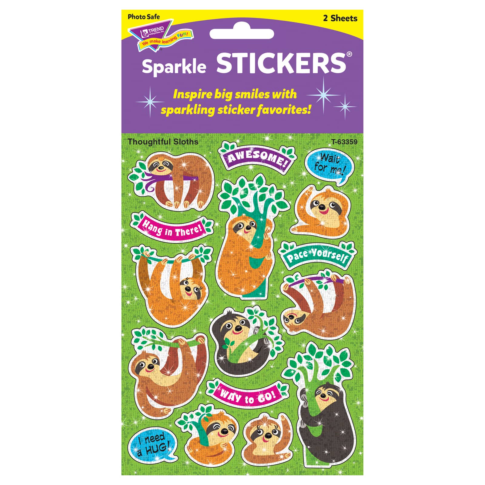 Trend Enterprises® Thoughtful Sloths Sparkle STICKERS®, 6 Packs of 32