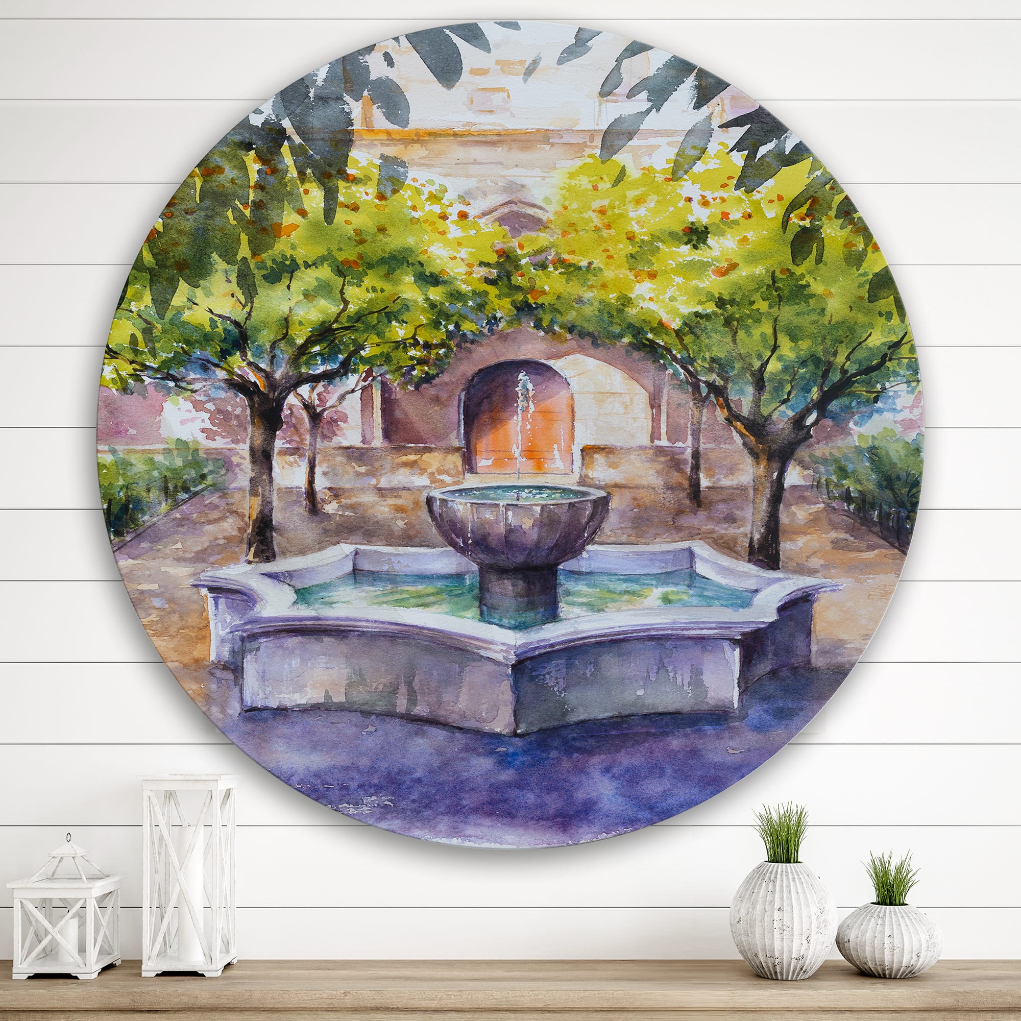 Designart - Small Fountain Picture With Trees In The Village - Country Metal Circle Wall Art