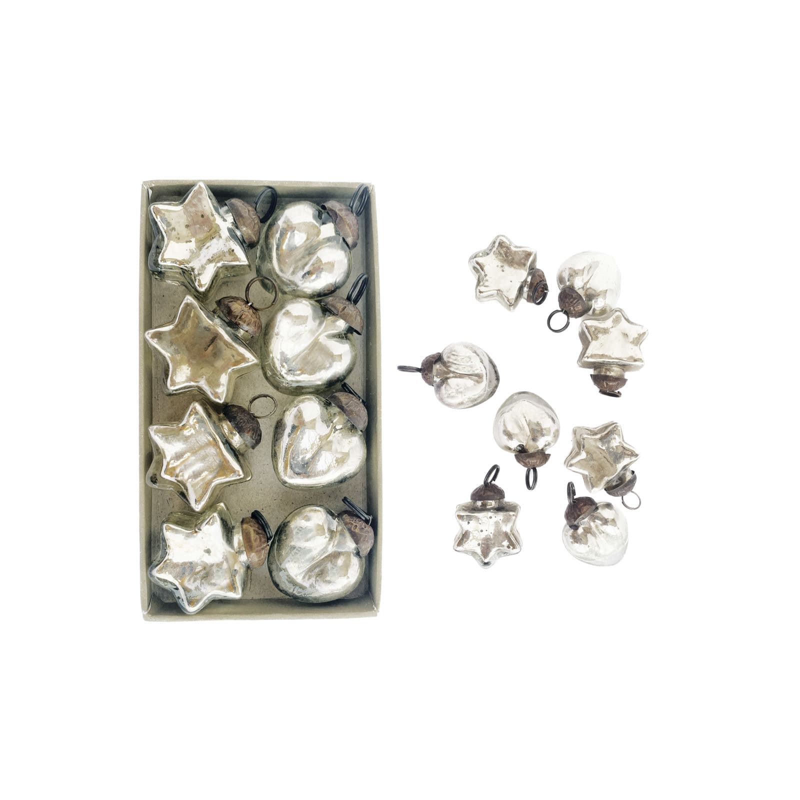 Hello Honey® 8 Pack 1.25" Silver Mercury Glass Heart & Star Ornaments