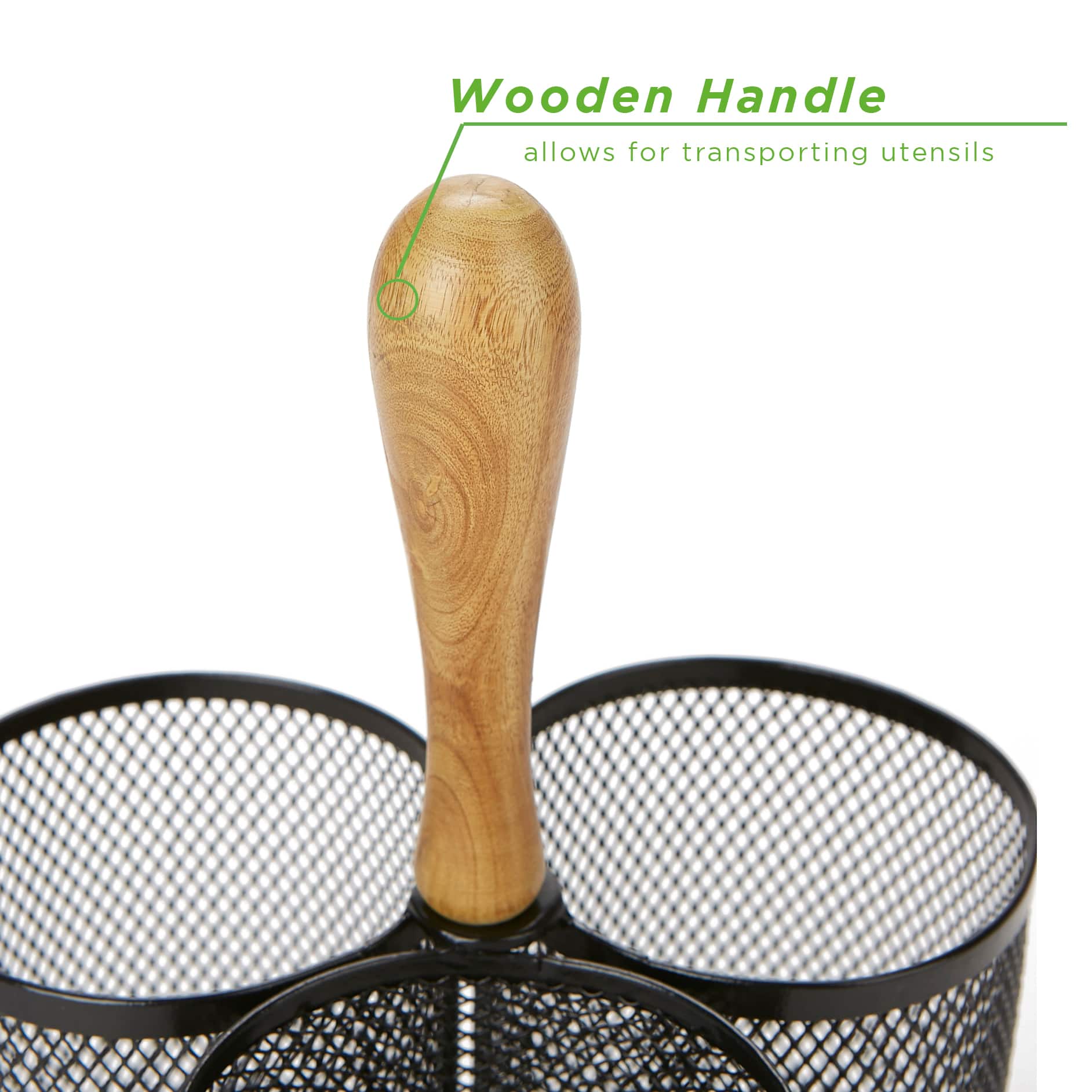 Mind Reader Network Collection Black 3-Compartment Utensil Caddy with Wooden Handle