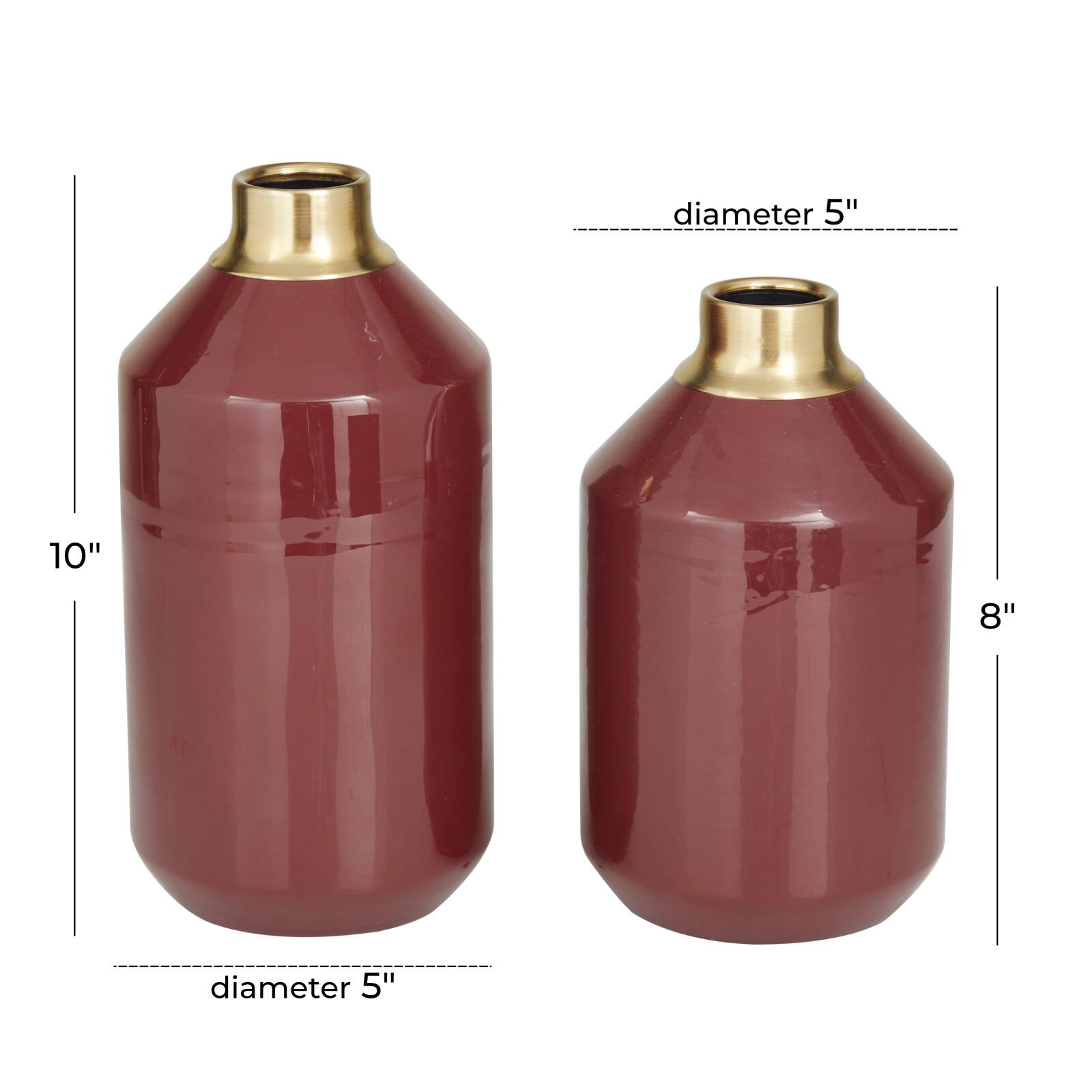 The Novogratz Set of 2" Red Metal Modern Vase, 10" x 5" x 5"