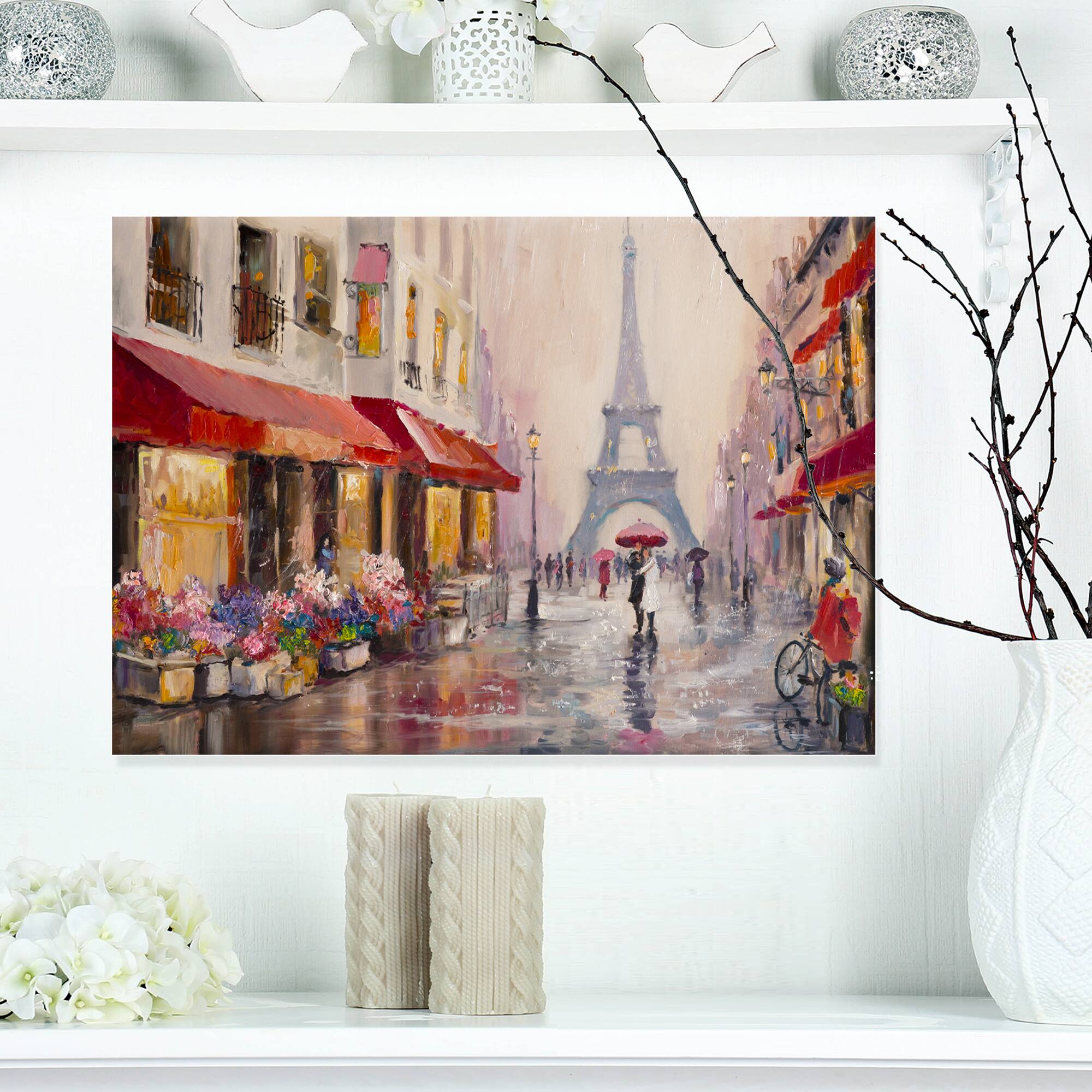 Designart - Lovers in Paris Eiffel Tower - Cityscapes Painting Print on Wrapped Canvas