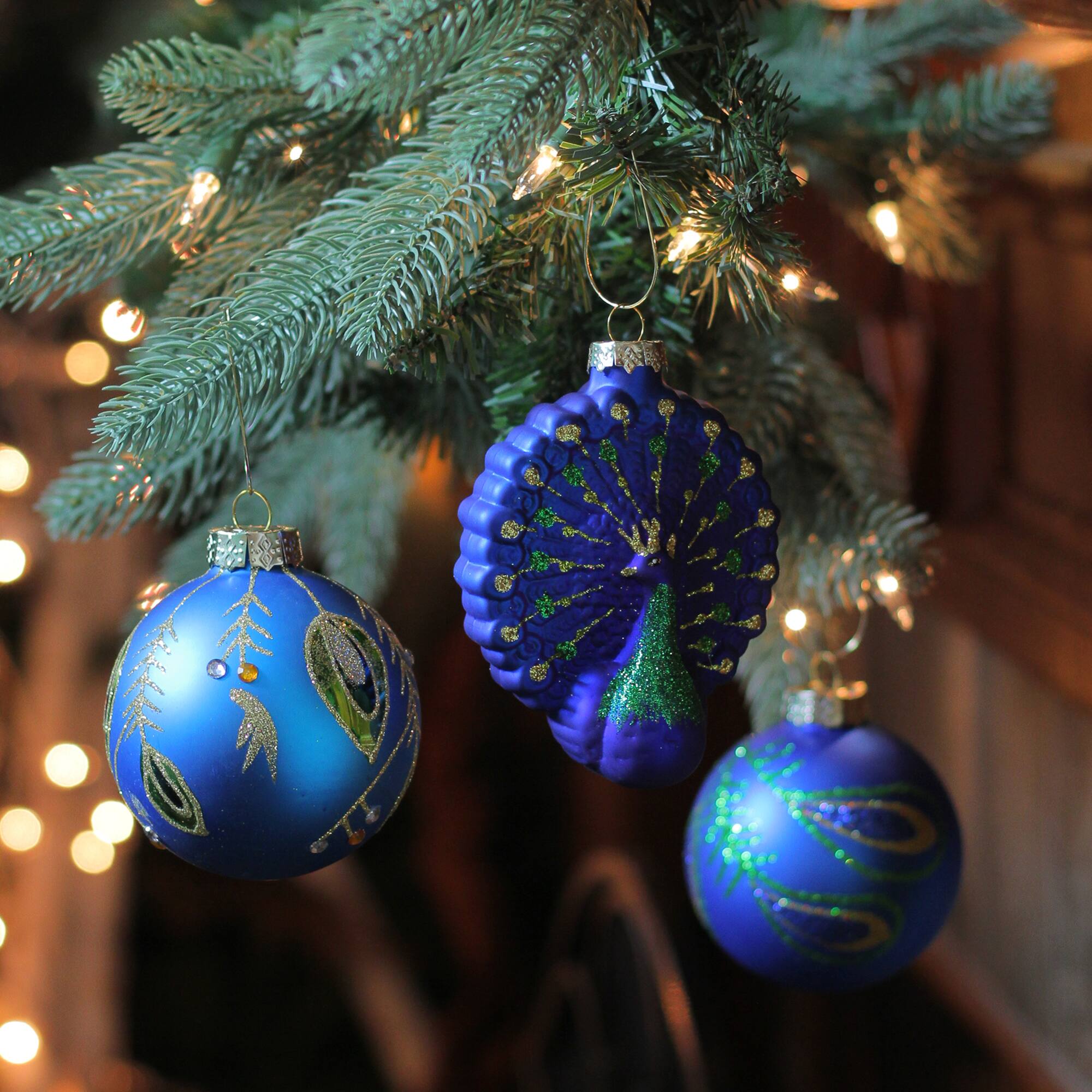 3.75" Royal Blue & Green Peacock Glass Christmas Ornaments, 3ct.
